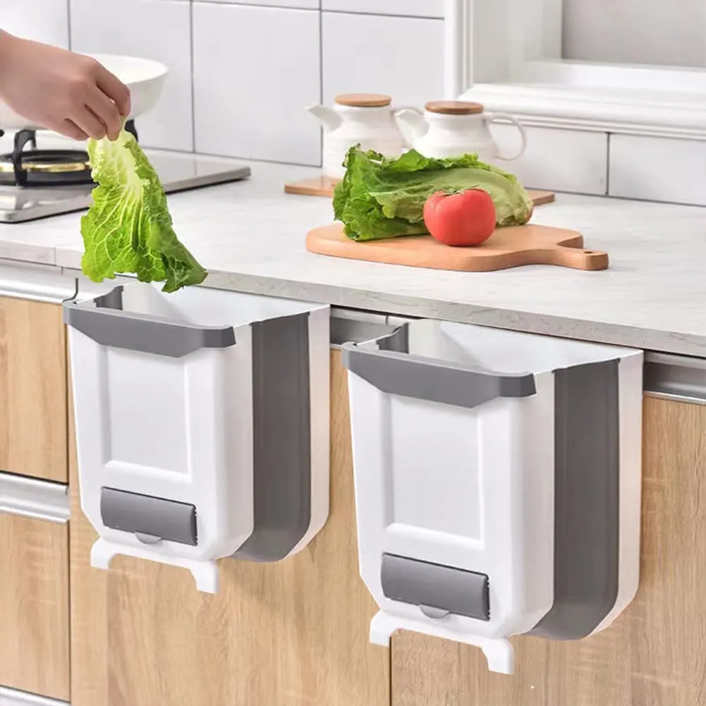 Binny Foldable Waste Bin, Trash Can, 2PC - Set of 2, Four 2.4 Gallon Portable Bins - Collapsible & hanging Personal Refuse Can, for Cabinet, Car, Bedroom, Bathroom, Office (White)