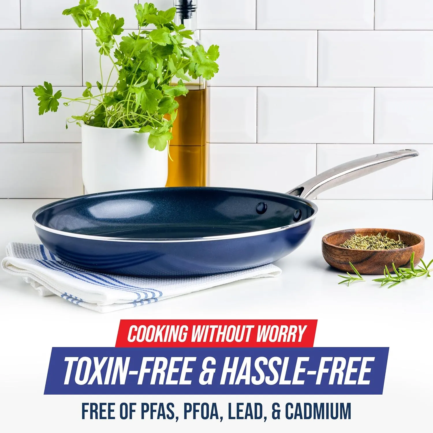Blue Diamond 12” Nonstick Frying Pan Skillet, Diamond Infused Ceramic Nonstick Pots & Pans, PFAS & PFOA-Free, Dishwasher & Oven Safe, Even Heating, Metal Utensil Safe, Warp Control Base, Blue
