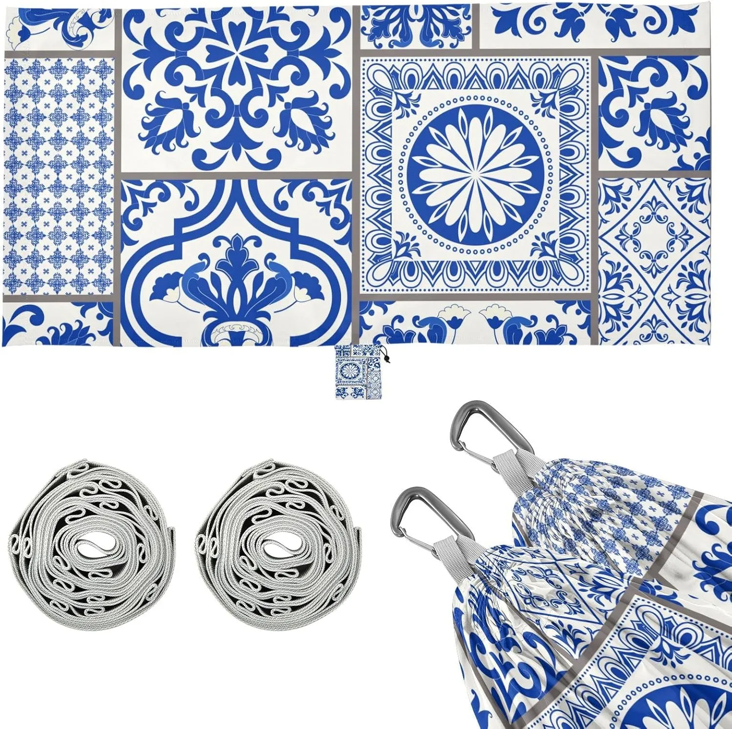 Blue Pieced Porcelain Patterns Camping Hammock Single Portable Hammocks 330 lbs Capacity with 2 Tree Straps and Attached Carry Bag,Perfect for Outdoor,Indoor,Beach,Camping,Travel