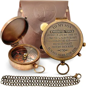 Brass Compass Unique Print To My Son Compass With Leather Case Antique Brass Compass With Chain A Great Gift Item For Your Loved Ones Hikers And Traveler By , Brown, 50 Mm X 18 Mm