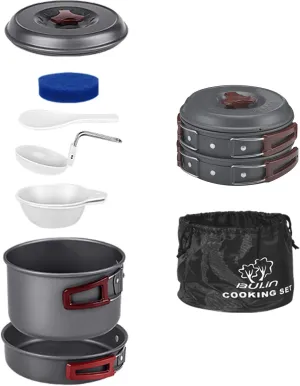 Bulin 13Pcs Camping Cookware Mess Kit, Nonstick Backpacking Cooking Set, Outdoor Cook Gear for Family Hiking, Picnic Lightweight Cookware Sets(Kettle, Pots, Frying Pan, BPA-Free Bowls, Plates, Spoon)