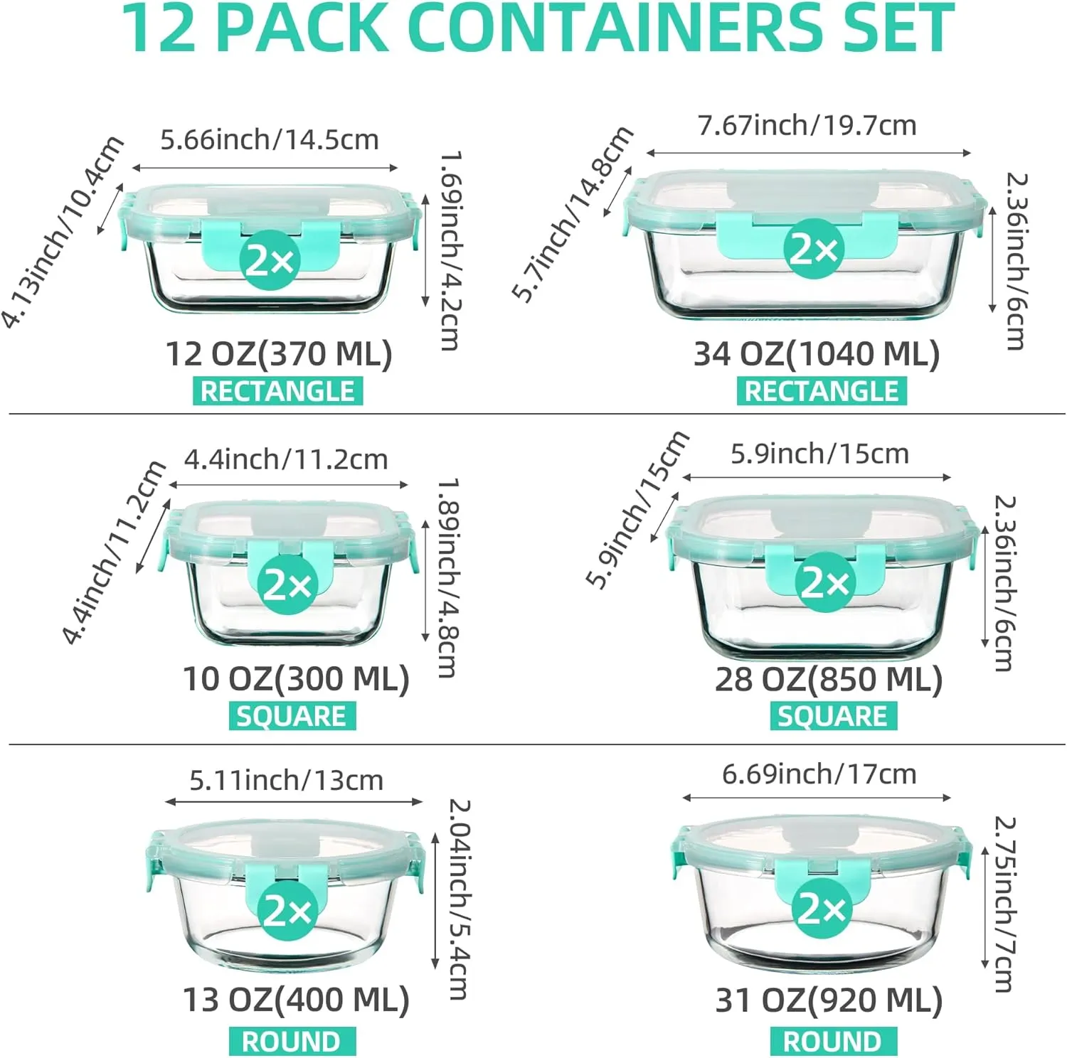 C CREST 12 Pack Airtight Glass Containers for Fresh and Tasty Food Storage, Multi-Size for Efficient Kitchen Storage