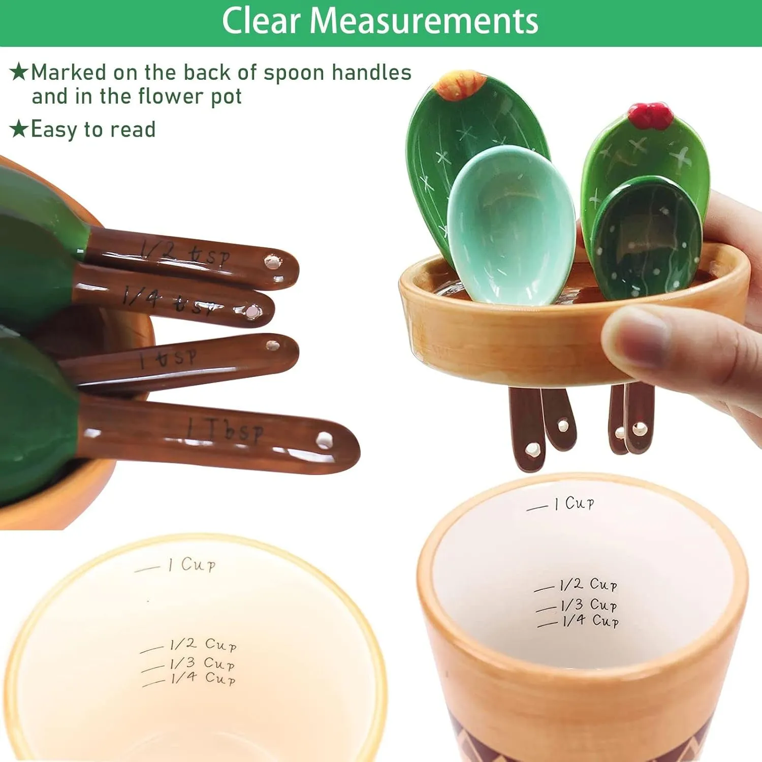 Cactus Measuring Spoons Set in Pot Unique Measuring Cups and Spoons for Coffee Salt Sugar Novelty Cute Baking Gifts Dishwasher Safe Ceramic Measuring Spoons Green
