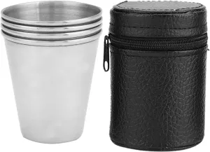 Camping Cup,Backpacking Cup,Collapsible Cup，Stainless Steel Cups,4pcs Portable Stainless Steel Cups Set with Black Leather Carrying Case, Shatterproof Durable Cup Set for Camping, Travel, Outdoors, Po