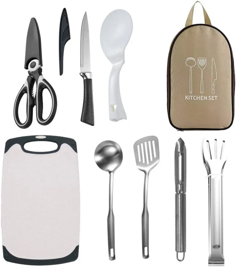 Camping stainless steel kitchen utensils set of eight tableware (fork/knife/spoon/chopping board) backpack picnic tableware set camping knife metal work tools and equipment tool kit