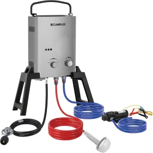 CAMPLUX 1.32 GPM Portable Outdoor Tankless Water Heater Propane Instant Hot Camping Shower Pump w/Freestanding Stand and Carry Bag, AY132GMax, Gray