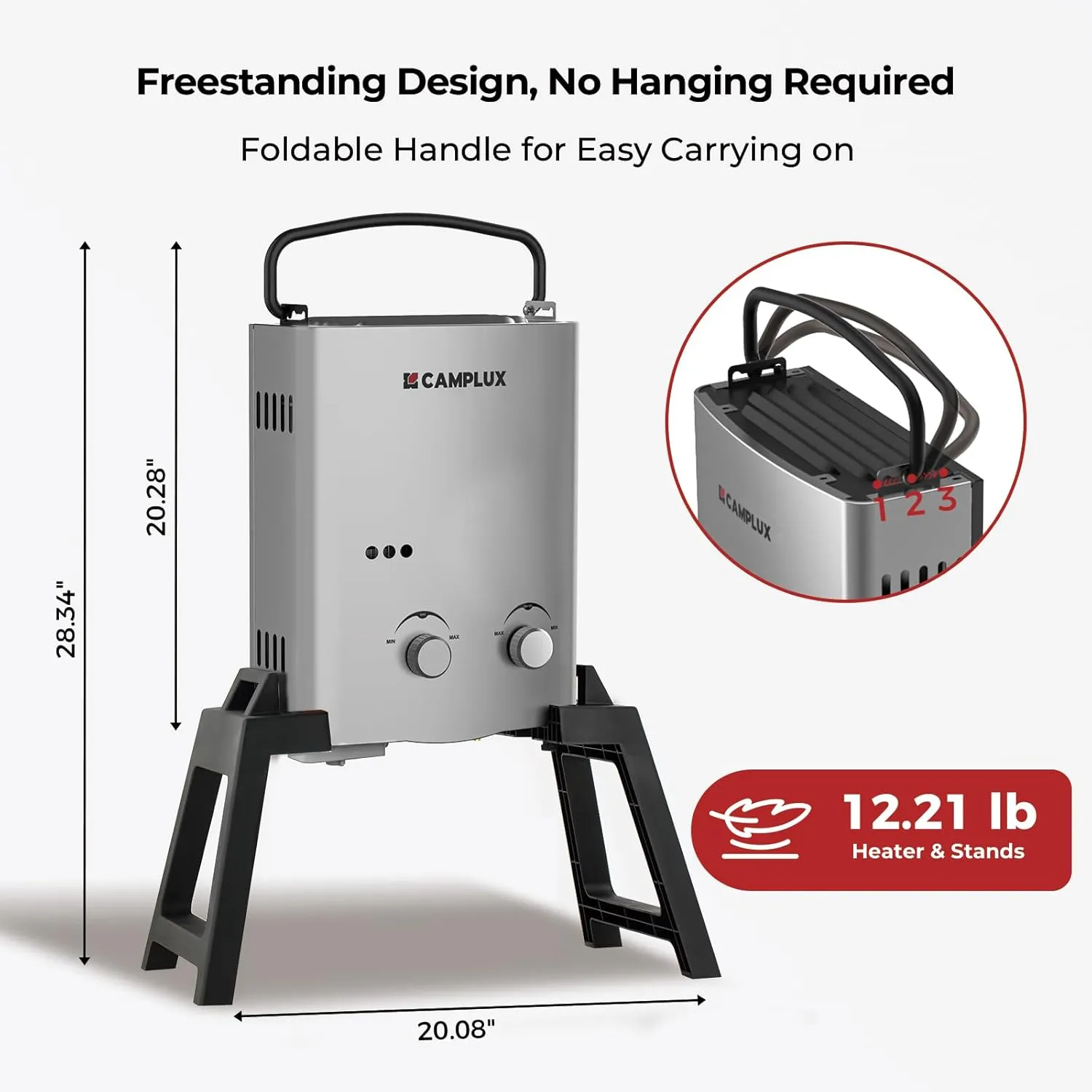 CAMPLUX 1.32 GPM Portable Outdoor Tankless Water Heater Propane Instant Hot Camping Shower Pump w/Freestanding Stand and Carry Bag, AY132GMax, Gray