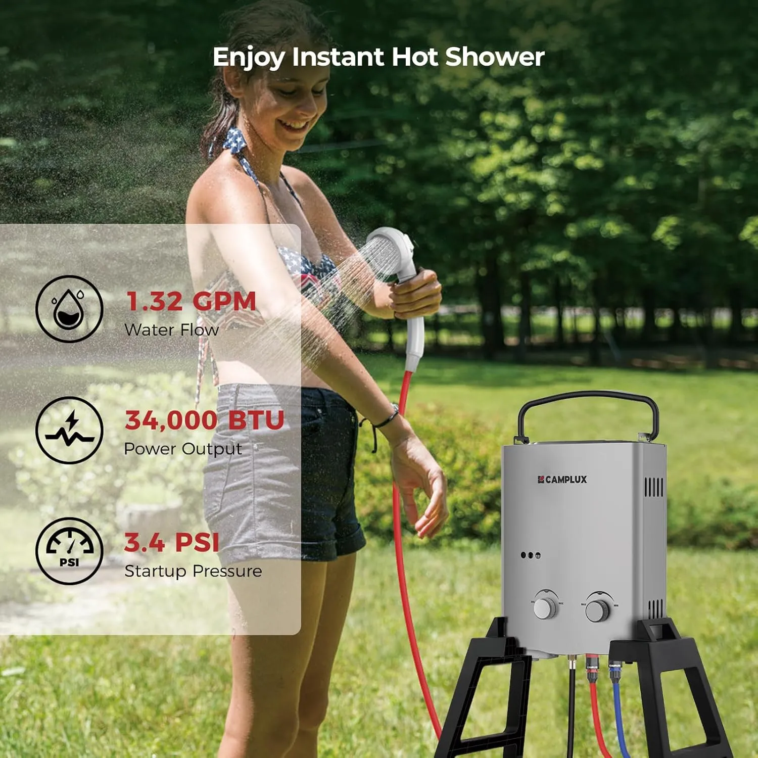 CAMPLUX 1.32 GPM Portable Outdoor Tankless Water Heater Propane Instant Hot Camping Shower Pump w/Freestanding Stand and Carry Bag, AY132GMax, Gray