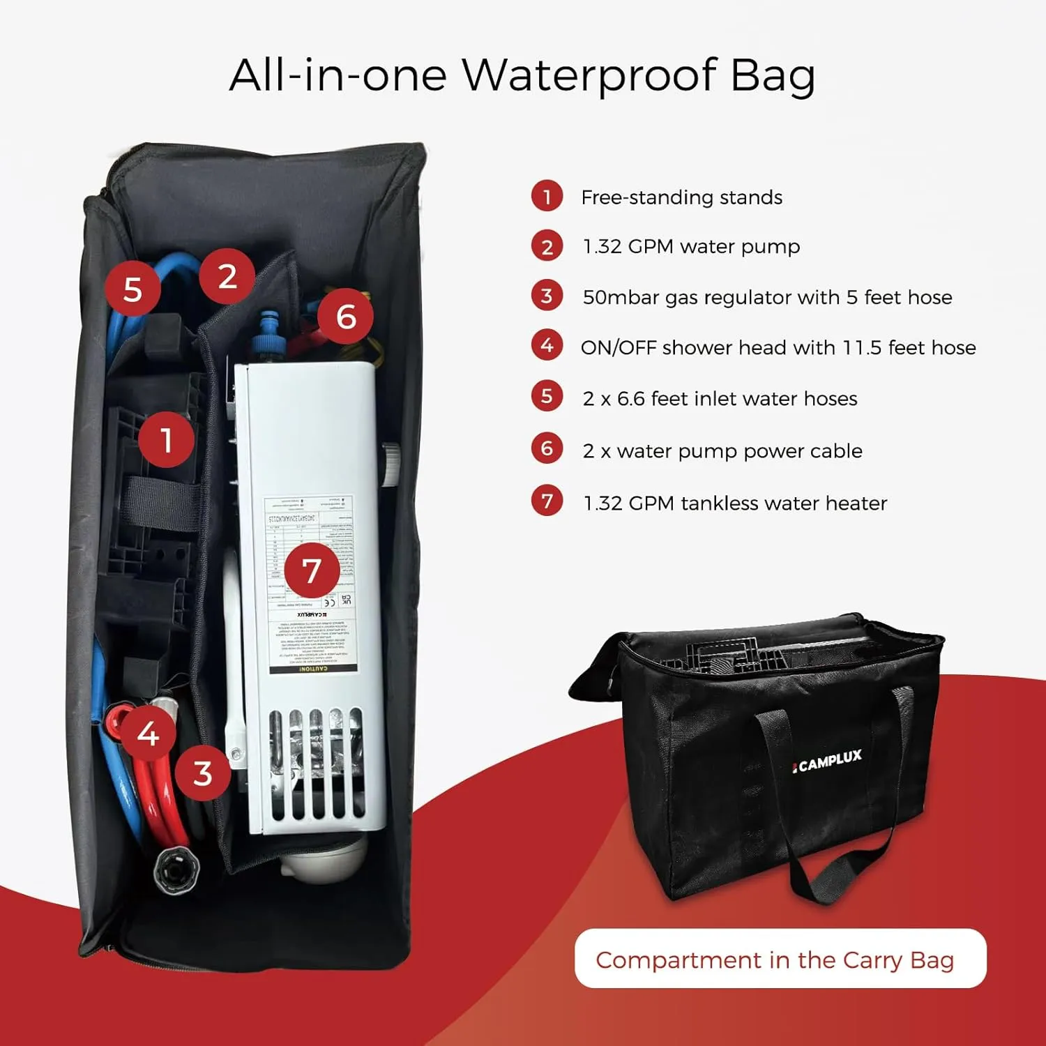 CAMPLUX 1.32 GPM Portable Outdoor Tankless Water Heater Propane Instant Hot Camping Shower Pump w/Freestanding Stand and Carry Bag, AY132GMax, Gray