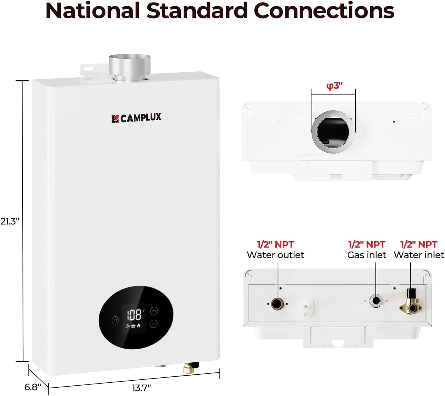 CAMPLUX Climatech 3 Tankless Water Heater Gas 4.22 GPM, 102,000 BTU Propane Tankless Water Heaters, High Efficiency Instant Hot Water with Multi-Points Use for Whole House, Indoor, CX422, White