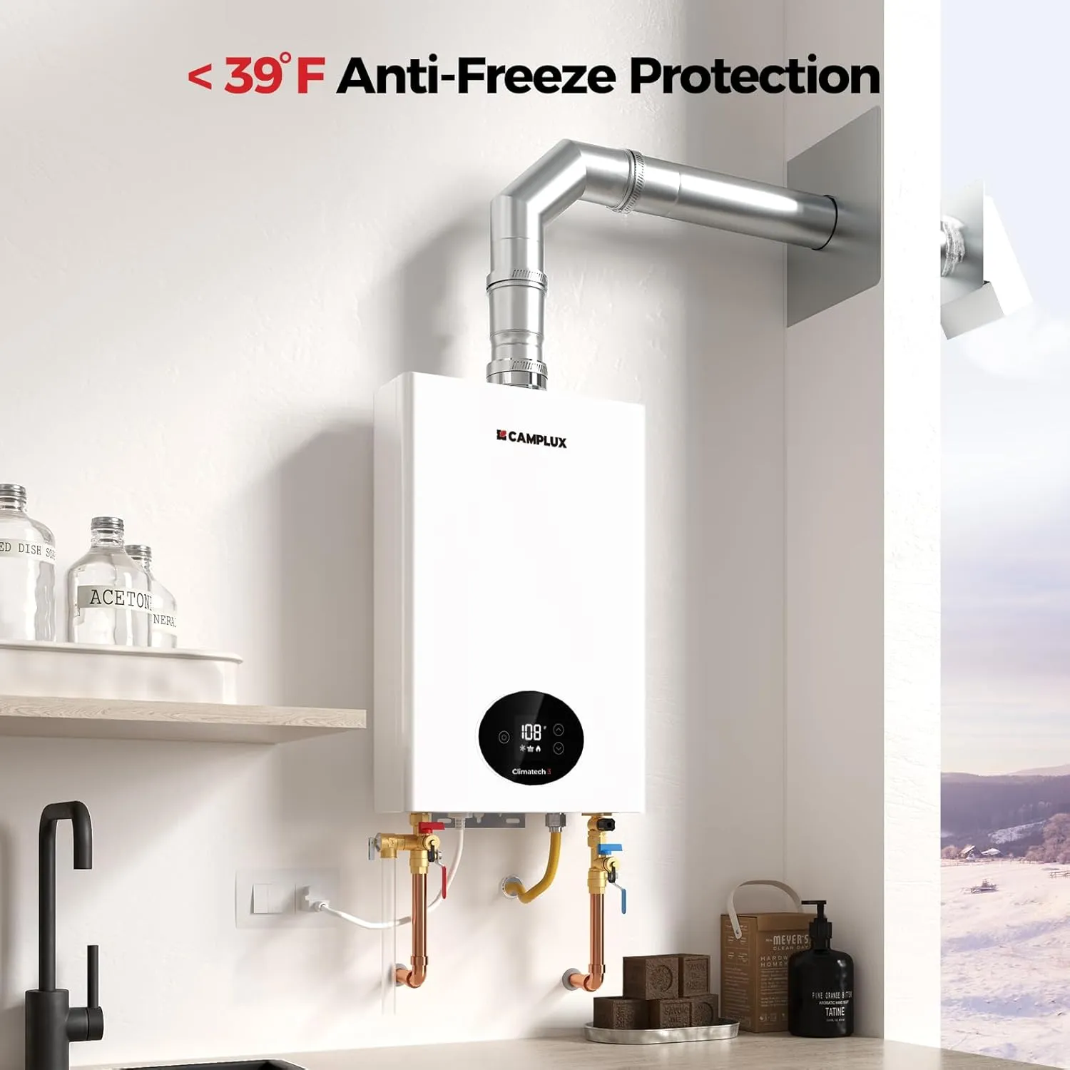 CAMPLUX Climatech 3 Tankless Water Heater Gas 4.22 GPM, 102,000 BTU Propane Tankless Water Heaters, High Efficiency Instant Hot Water with Multi-Points Use for Whole House, Indoor, CX422, White