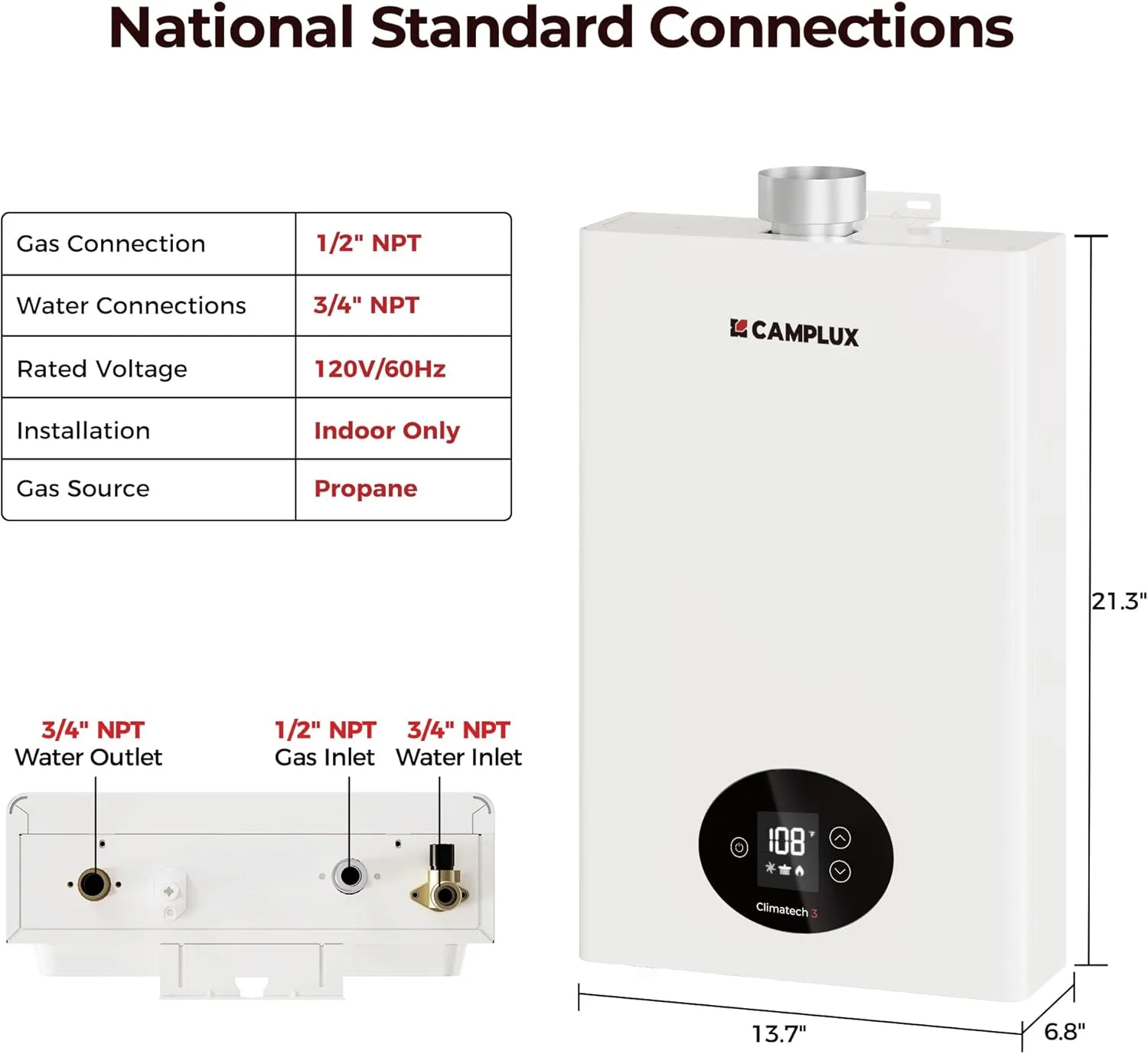 CAMPLUX Climatech 3 Tankless Water Heater Gas 4.22 GPM, 102,000 BTU Propane Tankless Water Heaters, High Efficiency Instant Hot Water with Multi-Points Use for Whole House, Indoor, CX422, White
