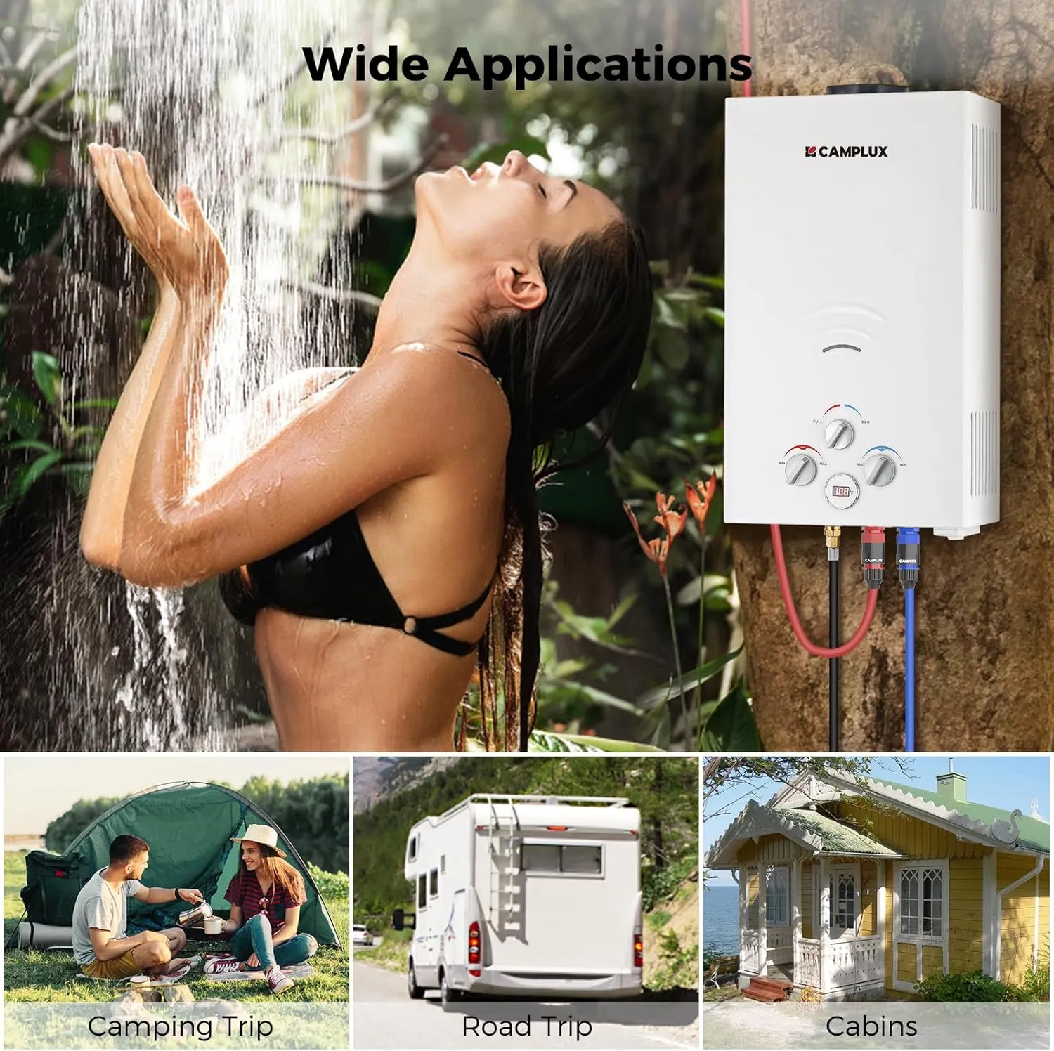 CAMPLUX Portable Propane Water Heater - 2.64GPM, 3.3GPM Pump & Pipe Strainer, 68,000 BTU for Camping & Off-Grid Cabins