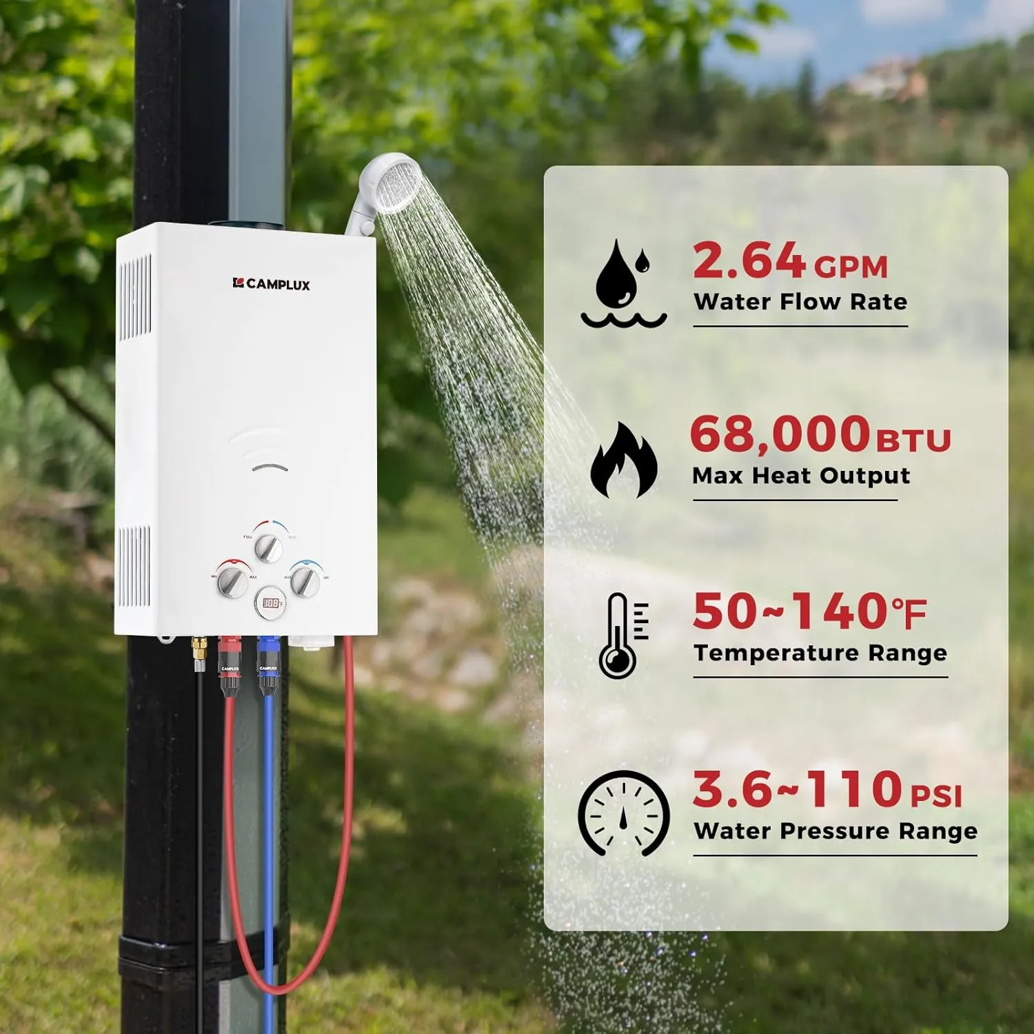 CAMPLUX Portable Propane Water Heater - 2.64GPM, 3.3GPM Pump & Pipe Strainer, 68,000 BTU for Camping & Off-Grid Cabins