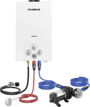 CAMPLUX Portable Propane Water Heater - 2.64GPM, 3.3GPM Pump & Pipe Strainer, 68,000 BTU for Camping & Off-Grid Cabins