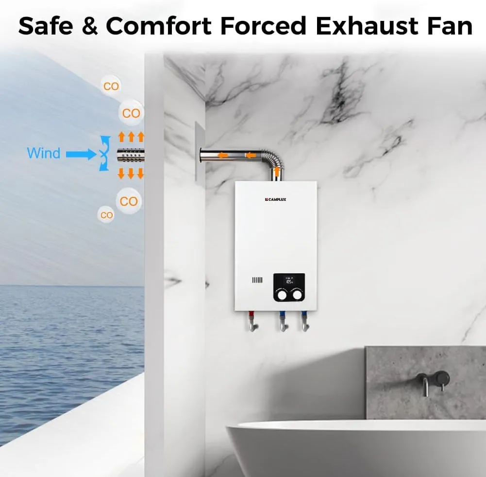 CAMPLUX Propane Tankless Water Heater 2.64 GPM, CM264 Gas Tankless Water Heater Indoor, 68,000 BTU On Demand Instant Hot, White