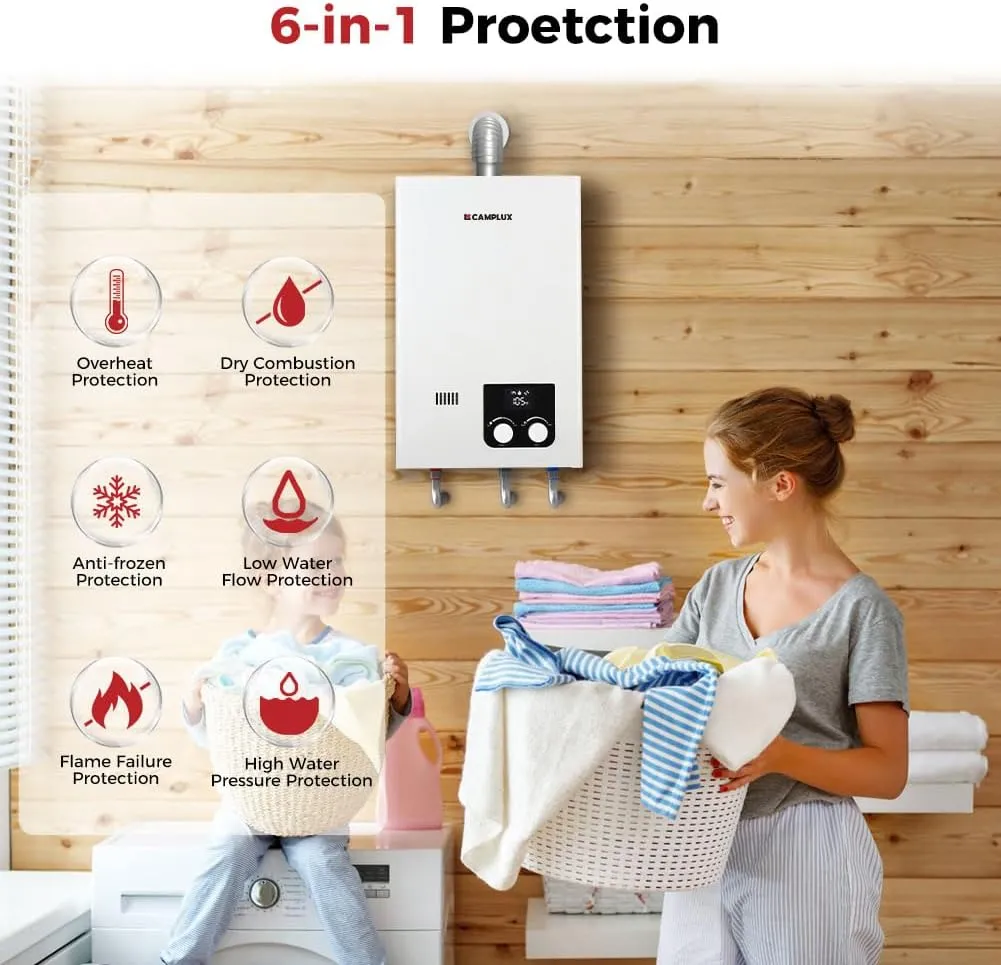 CAMPLUX Propane Tankless Water Heater 2.64 GPM, CM264 Gas Tankless Water Heater Indoor, 68,000 BTU On Demand Instant Hot, White