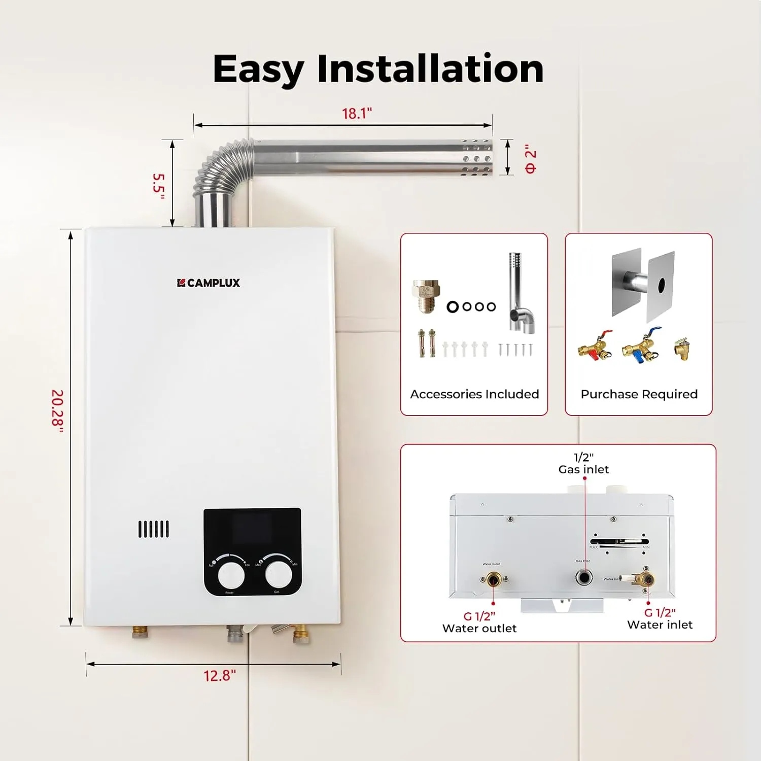 CAMPLUX Propane Tankless Water Heater 2.64 GPM, CM264 Gas Tankless Water Heater Indoor, 68,000 BTU On Demand Instant Hot, White