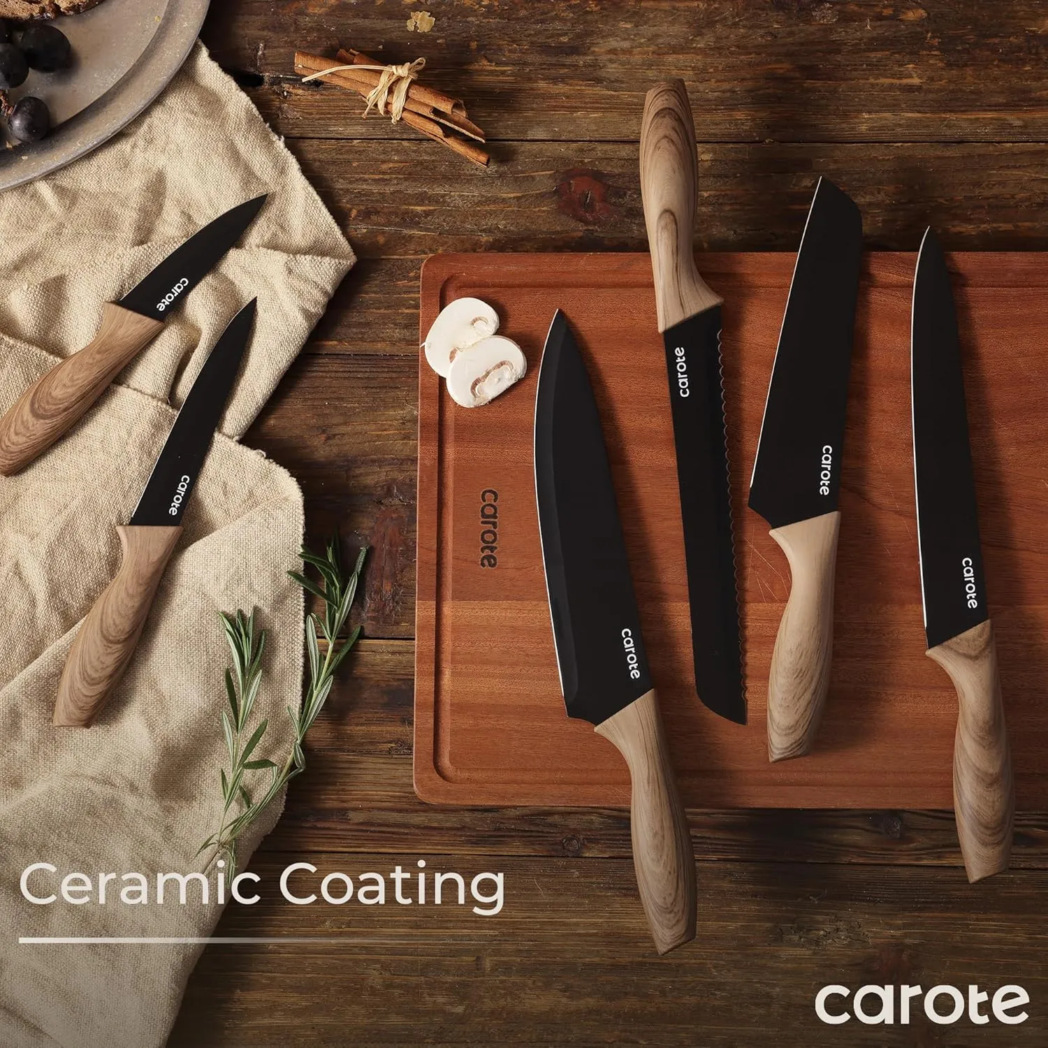 CAROTE 12PCS Knife Set, Kitchen Knife Set with Safe Guards, Stainless Steel Knife Set with Ceramic Coating, Rustproof, Black