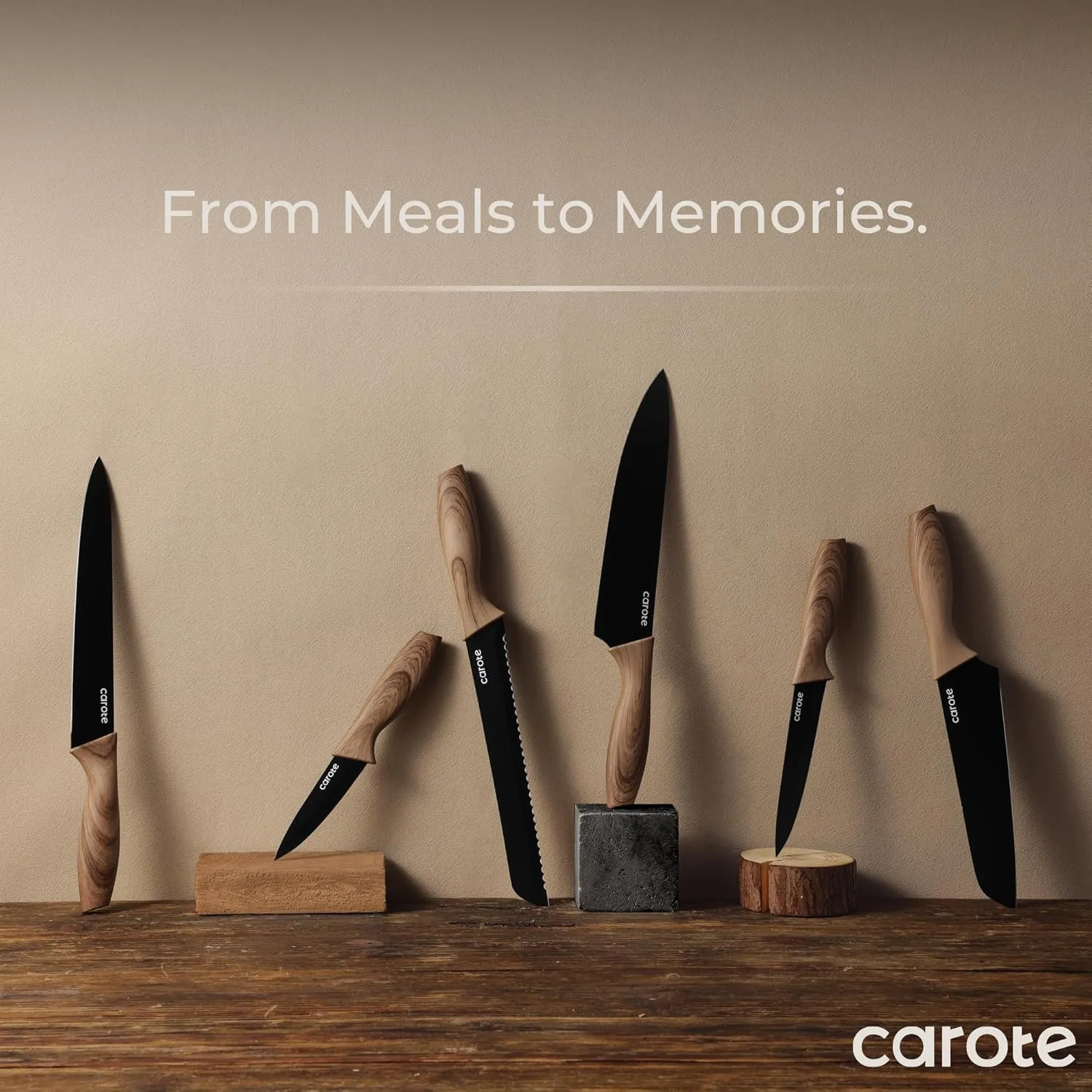 CAROTE 12PCS Knife Set, Kitchen Knife Set with Safe Guards, Stainless Steel Knife Set with Ceramic Coating, Rustproof, Black