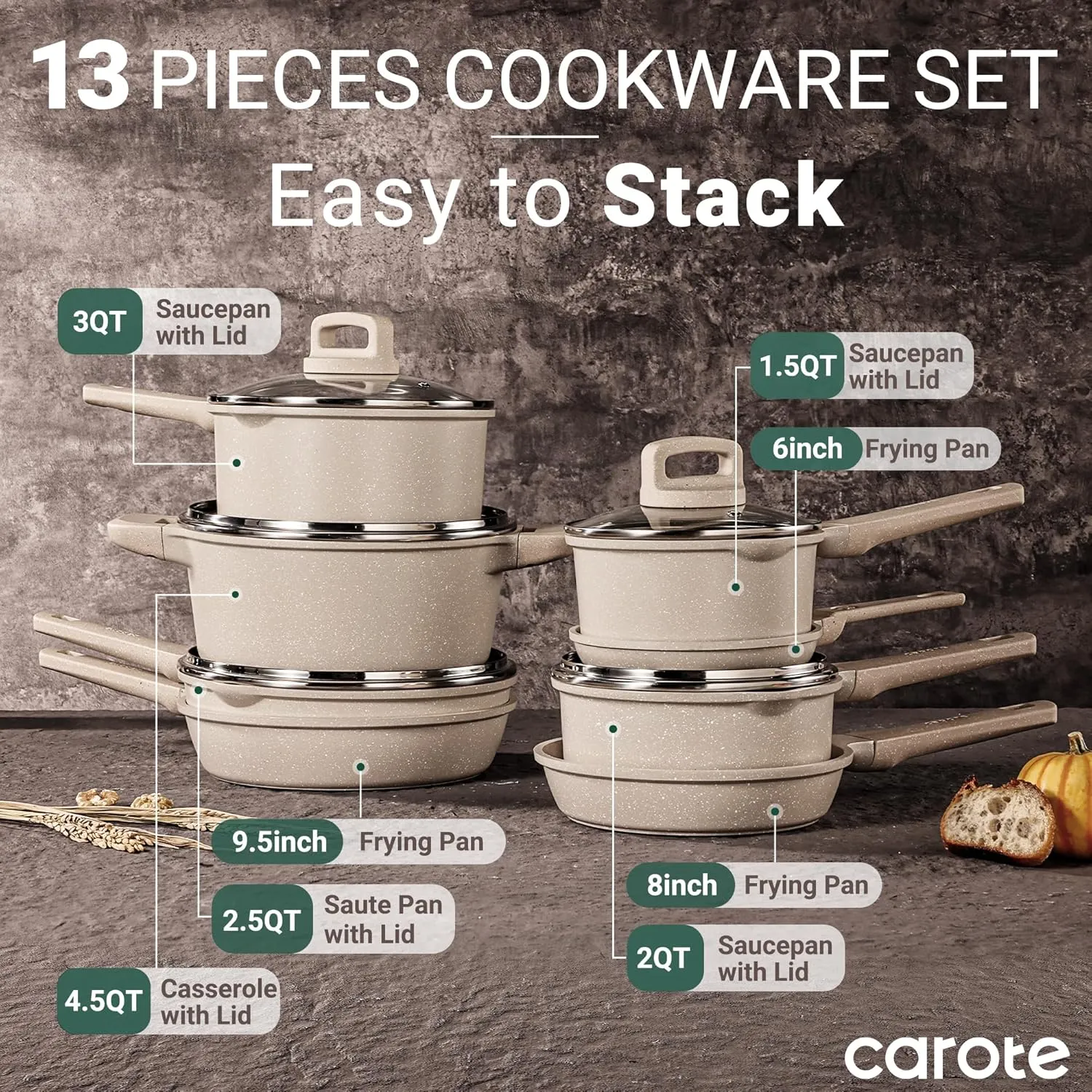 CAROTE 13pcs Pots and Pans Set Non Stick, Taupe Nonstick Cookware Set, Frying pans with lids, Kitchen Essentials Pot and Pan, Induction Cookware