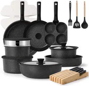 CAROTE 33pcs Pots and Pans Set Non Stick, Cookware Set, Removable Handle Pots and Pans Nonstick, RV Oven Safe Cookware, Induction Kitchen Cookware Set, Knife Set, Black