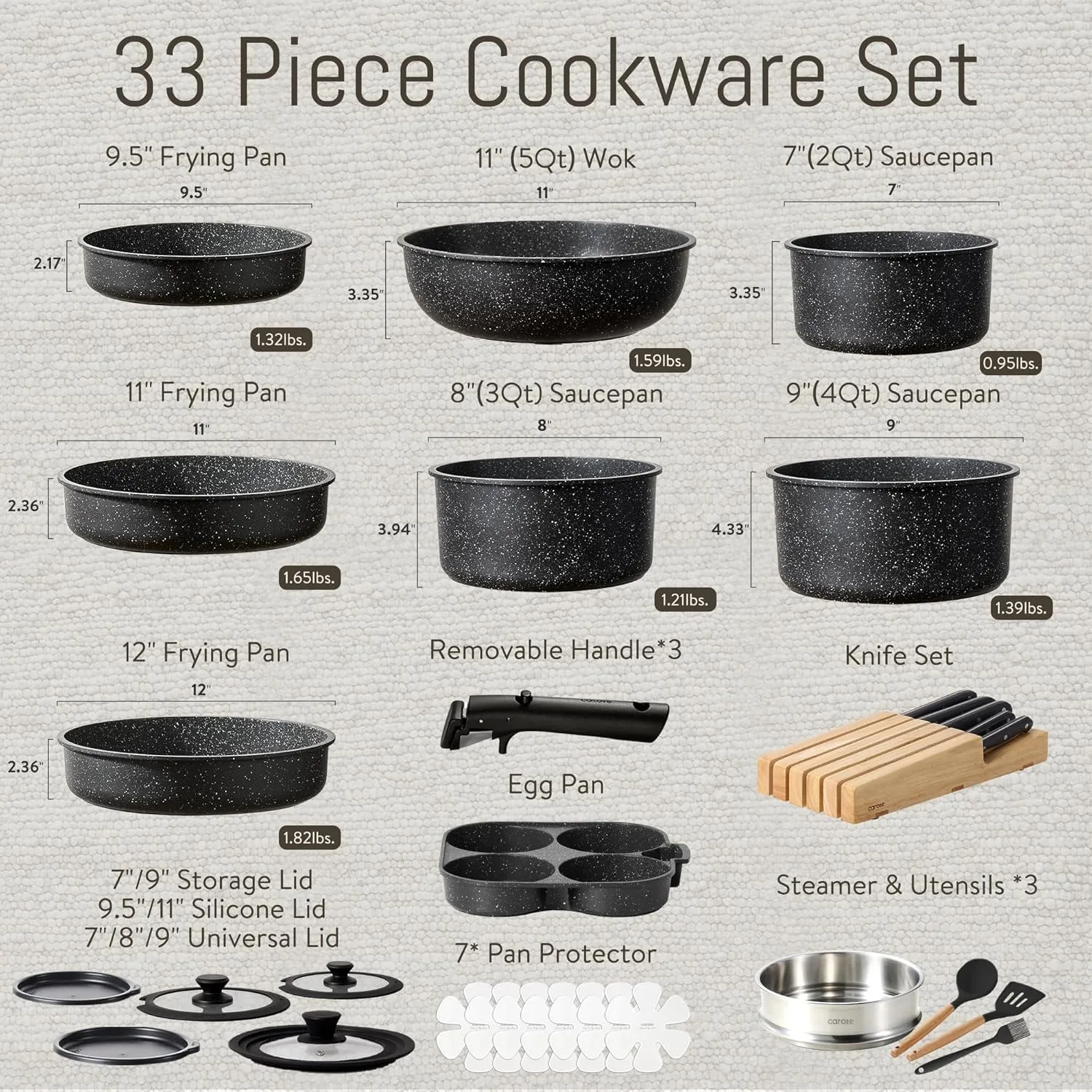 CAROTE 33pcs Pots and Pans Set Non Stick, Cookware Set, Removable Handle Pots and Pans Nonstick, RV Oven Safe Cookware, Induction Kitchen Cookware Set, Knife Set, Black
