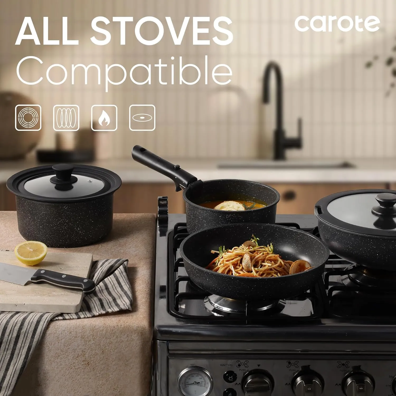CAROTE 33pcs Pots and Pans Set Non Stick, Cookware Set, Removable Handle Pots and Pans Nonstick, RV Oven Safe Cookware, Induction Kitchen Cookware Set, Knife Set, Black