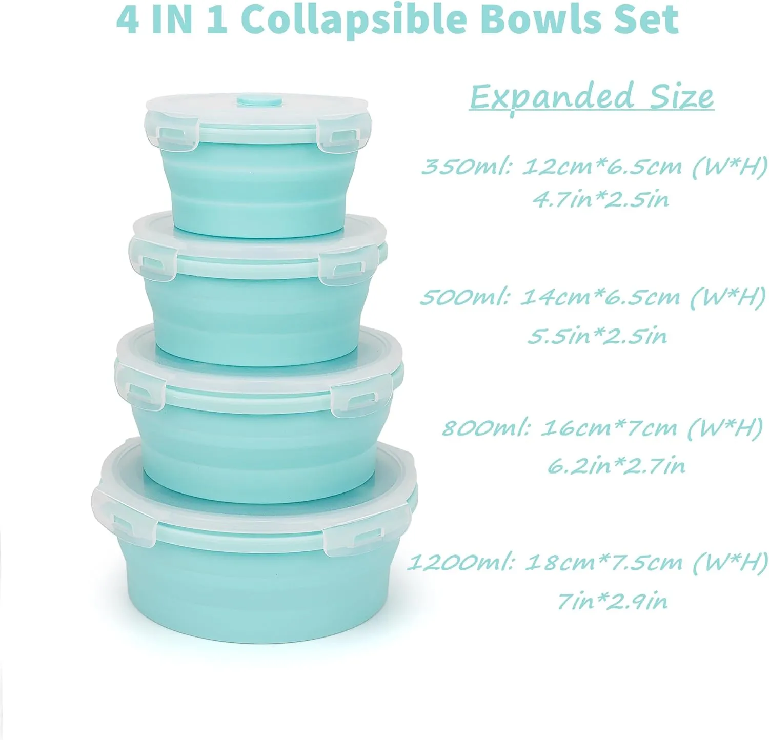 CARTINTS Silicone Collapsible Food Storage Containers-Prep/Storage Bowls with Lids – Set of 4 Round Silicone Lunch Containers – Microwave and Freezer Food Containers (Blue)