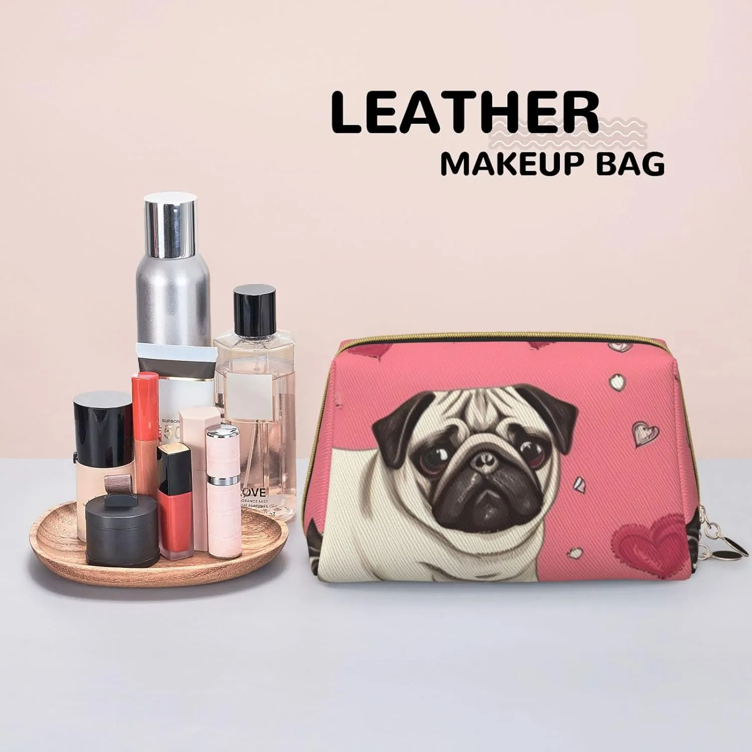 Cartoon Pug Puppy Toiletry Pouch, Travel-Friendly Makeup Organizer For Makeup Brushes, Lipsticks