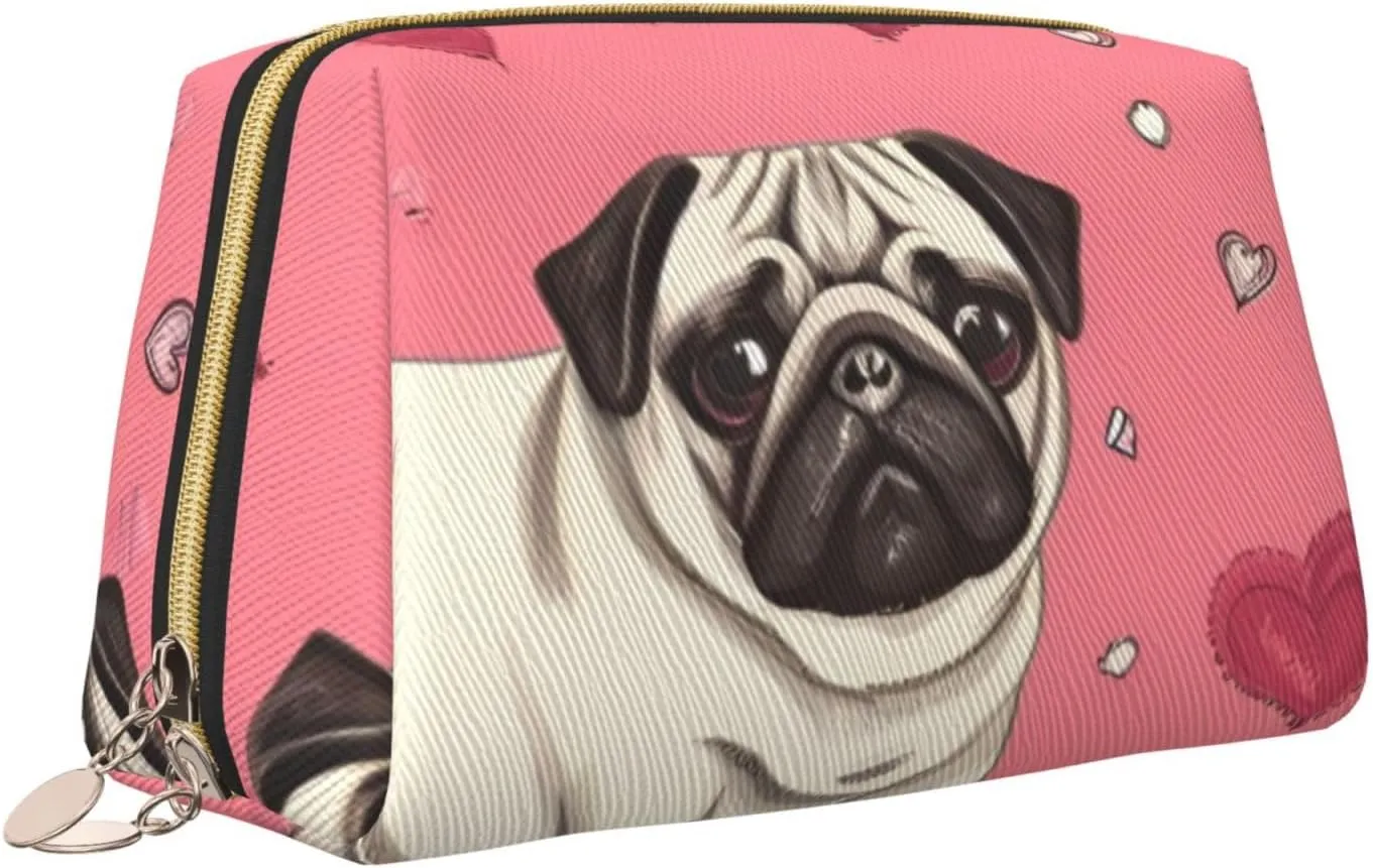 Cartoon Pug Puppy Toiletry Pouch, Travel-Friendly Makeup Organizer For Makeup Brushes, Lipsticks