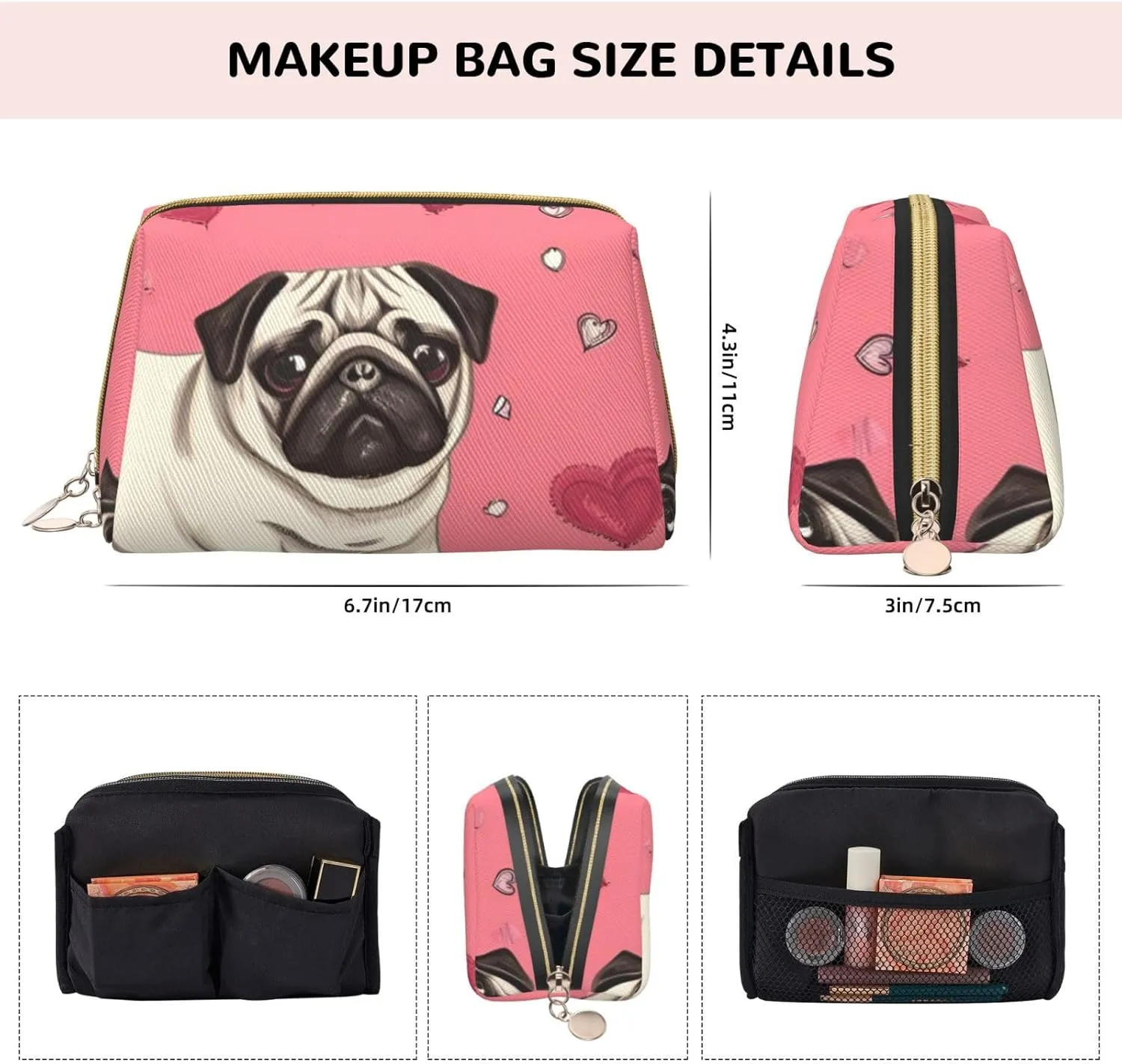 Cartoon Pug Puppy Toiletry Pouch, Travel-Friendly Makeup Organizer For Makeup Brushes, Lipsticks
