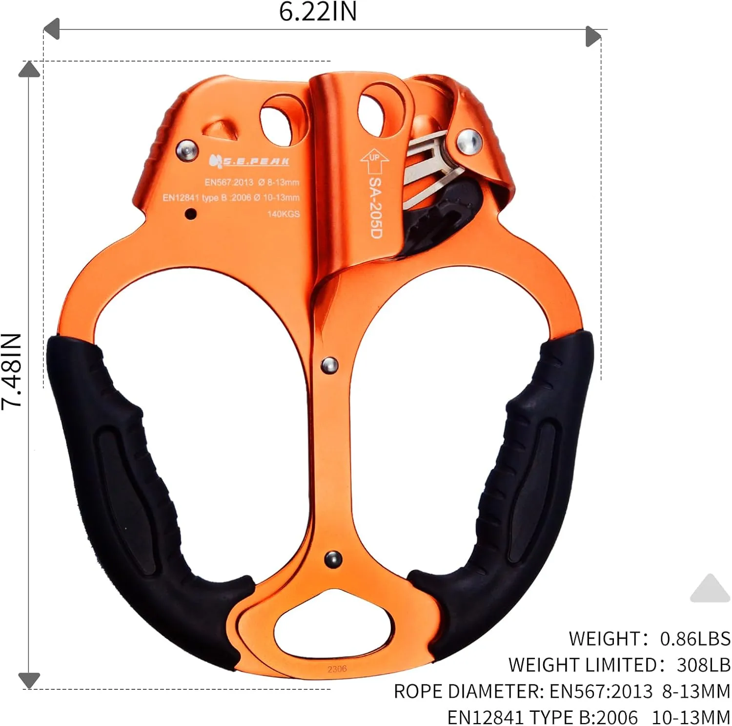 CE Hand Ascender,140kgs Rappelling Gear Equipment with Ergonomic Rubber Handle for Rock Climbing Tree Arborist, Climbing Rescue Caving, Mountaineering, 8~13MM Rope, 4kN,Right/Left Hand