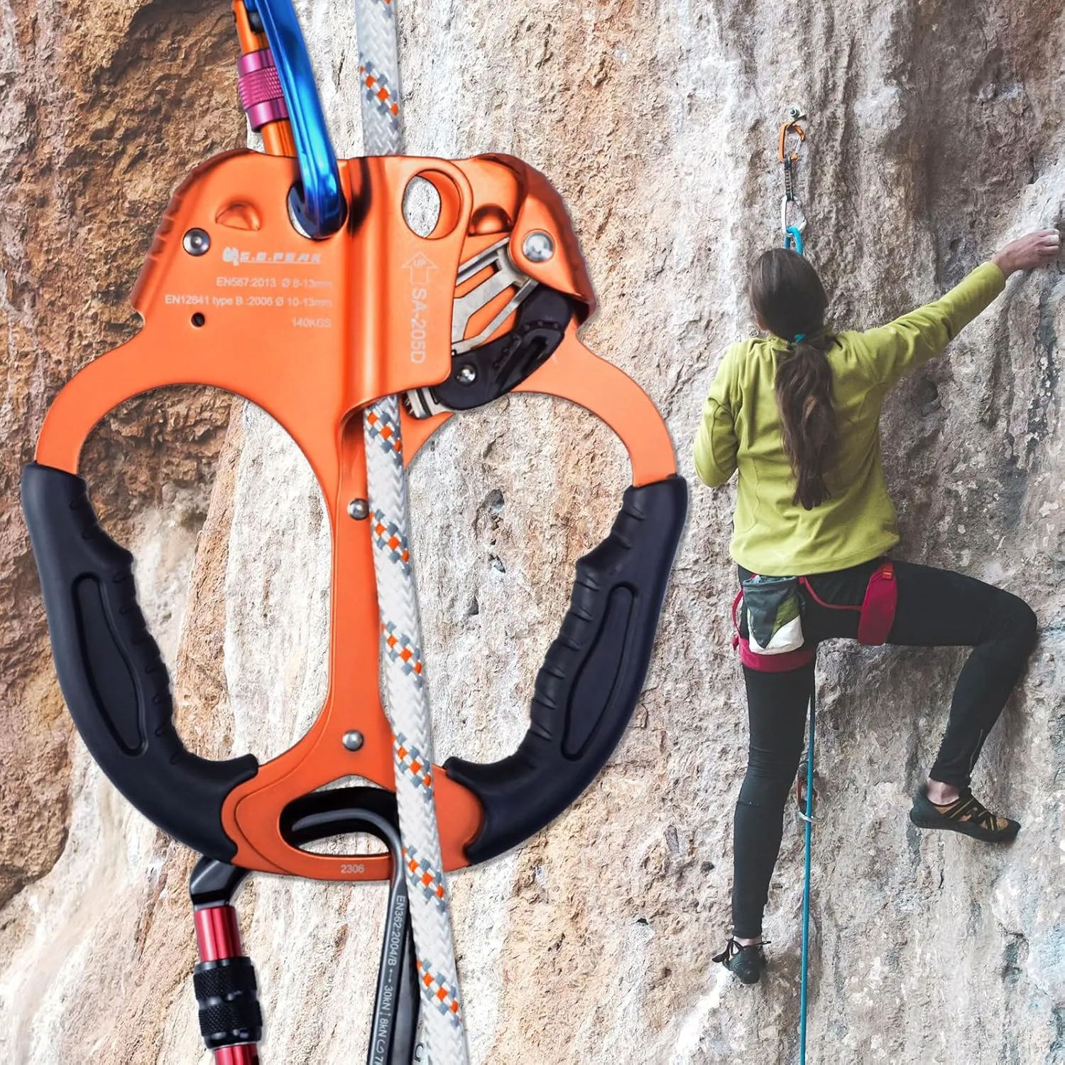 CE Hand Ascender,140kgs Rappelling Gear Equipment with Ergonomic Rubber Handle for Rock Climbing Tree Arborist, Climbing Rescue Caving, Mountaineering, 8~13MM Rope, 4kN,Right/Left Hand
