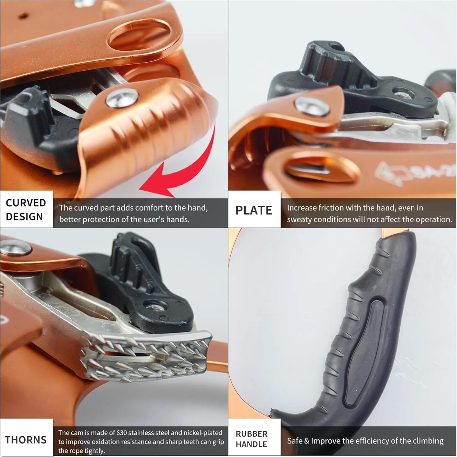 CE Hand Ascender,140kgs Rappelling Gear Equipment with Ergonomic Rubber Handle for Rock Climbing Tree Arborist, Climbing Rescue Caving, Mountaineering, 8~13MM Rope, 4kN,Right/Left Hand