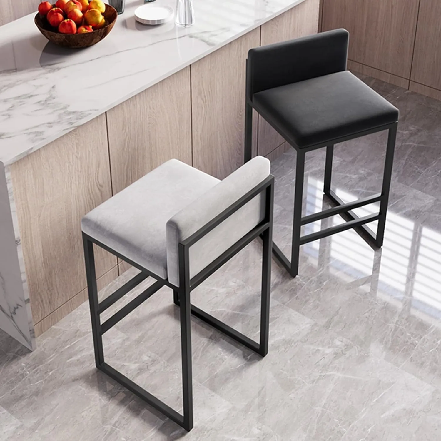 Chairs, Square Seat with Backrest, Metal Legs and Footrest, Modern Upholstered Breakfast for Home Kitchen(C,H)