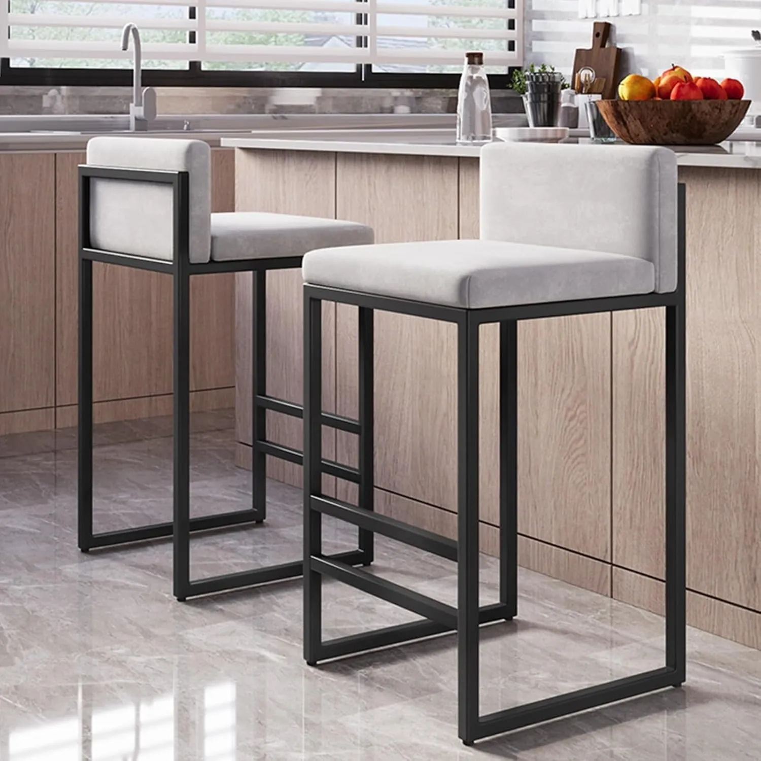 Chairs, Square Seat with Backrest, Metal Legs and Footrest, Modern Upholstered Breakfast for Home Kitchen(C,H)
