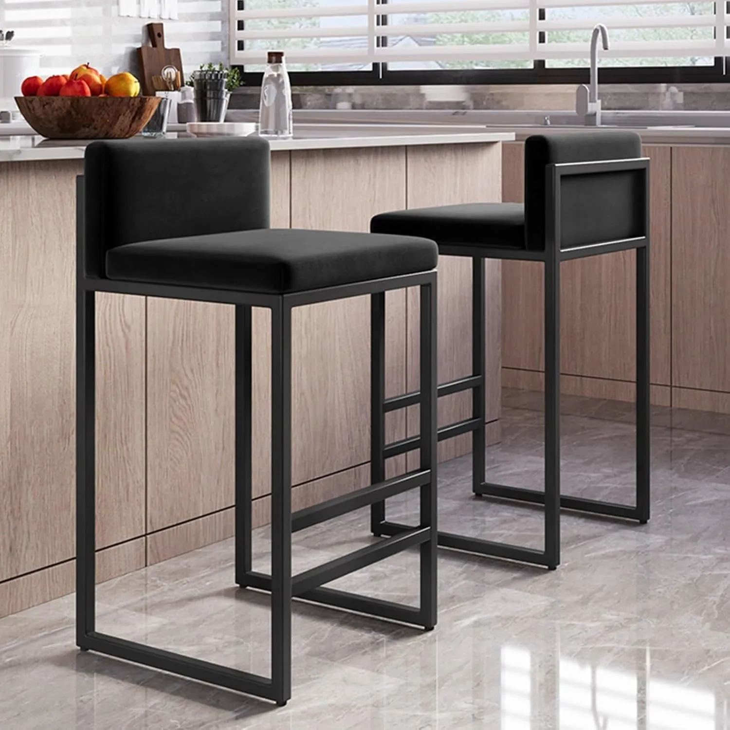 Chairs, Square Seat with Backrest, Metal Legs and Footrest, Modern Upholstered Breakfast for Home Kitchen(C,H)