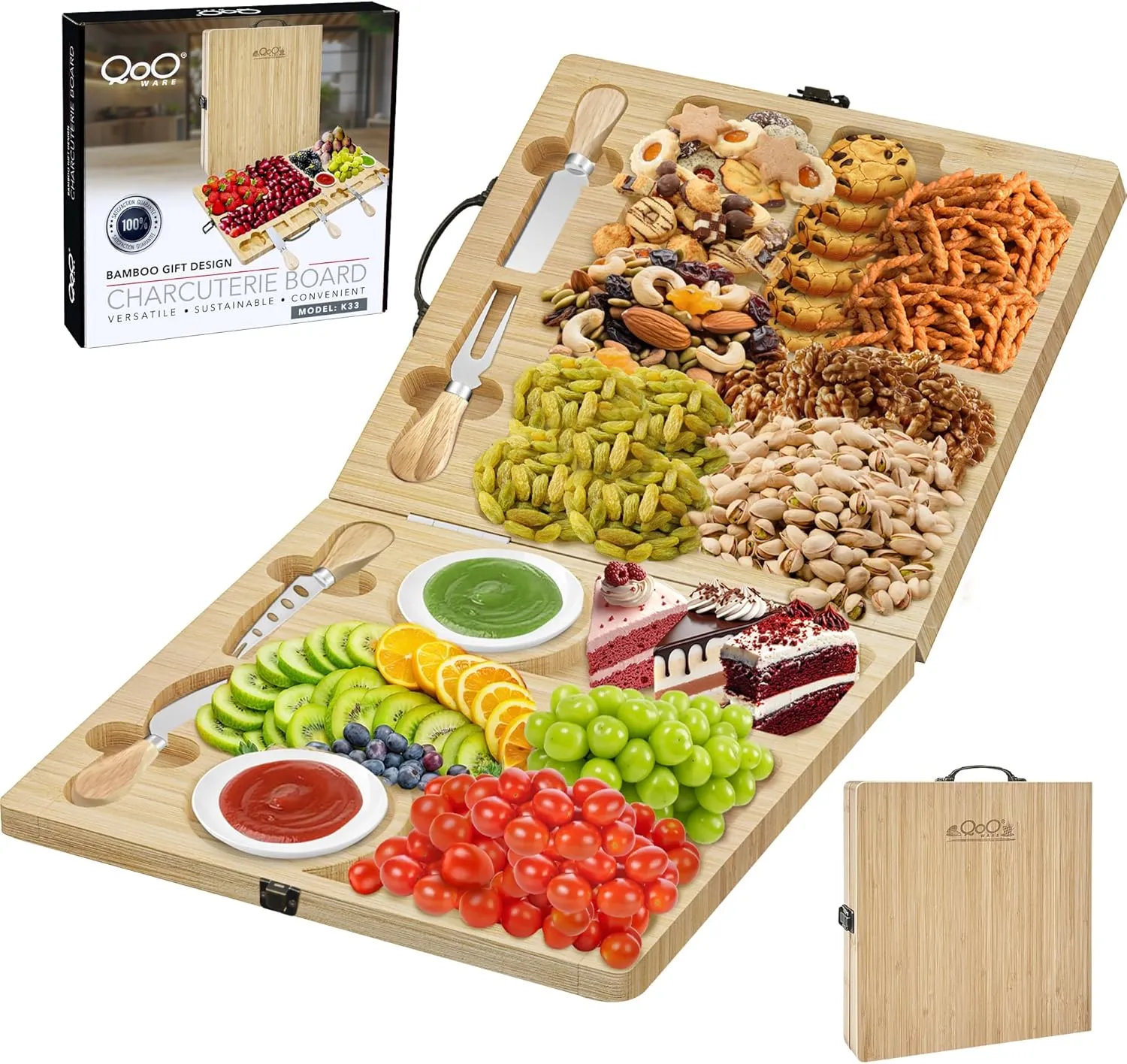 Charcuterie Boards Gift Set – Large Foldable Bamboo Cheese Board with Magnetic Utensil Storage, Multi-Compartment Design for Family Gatherings, Picnics, Parties & Holiday Entertaining