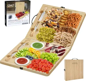 Charcuterie Boards Gift Set – Large Foldable Bamboo Cheese Board with Magnetic Utensil Storage, Multi-Compartment Design for Family Gatherings, Picnics, Parties & Holiday Entertaining