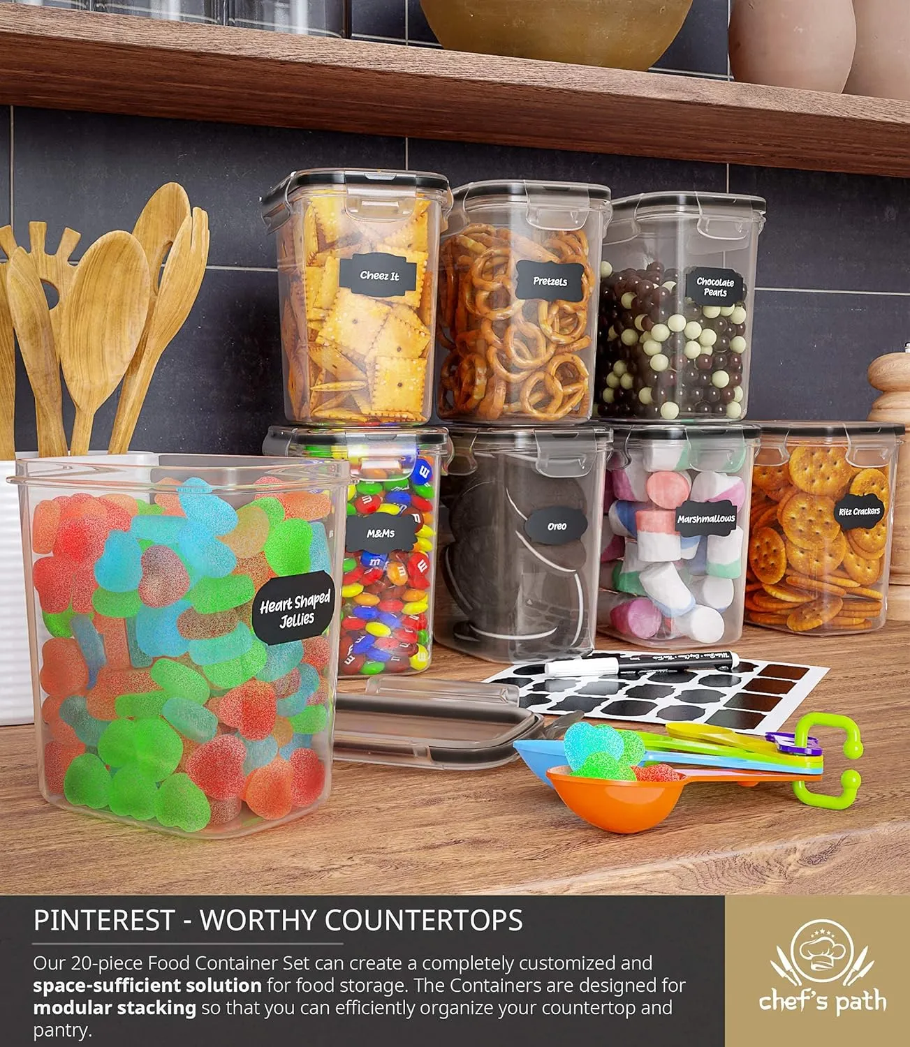 Chef's Path Airtight Plastic Food Containers with Lids - 20 Pack (1.6 Liter Each) - Durable Kitchen and Pantry Storage for Cereal, Rice, Pasta, Sugar - Airtight Food Storage Containers