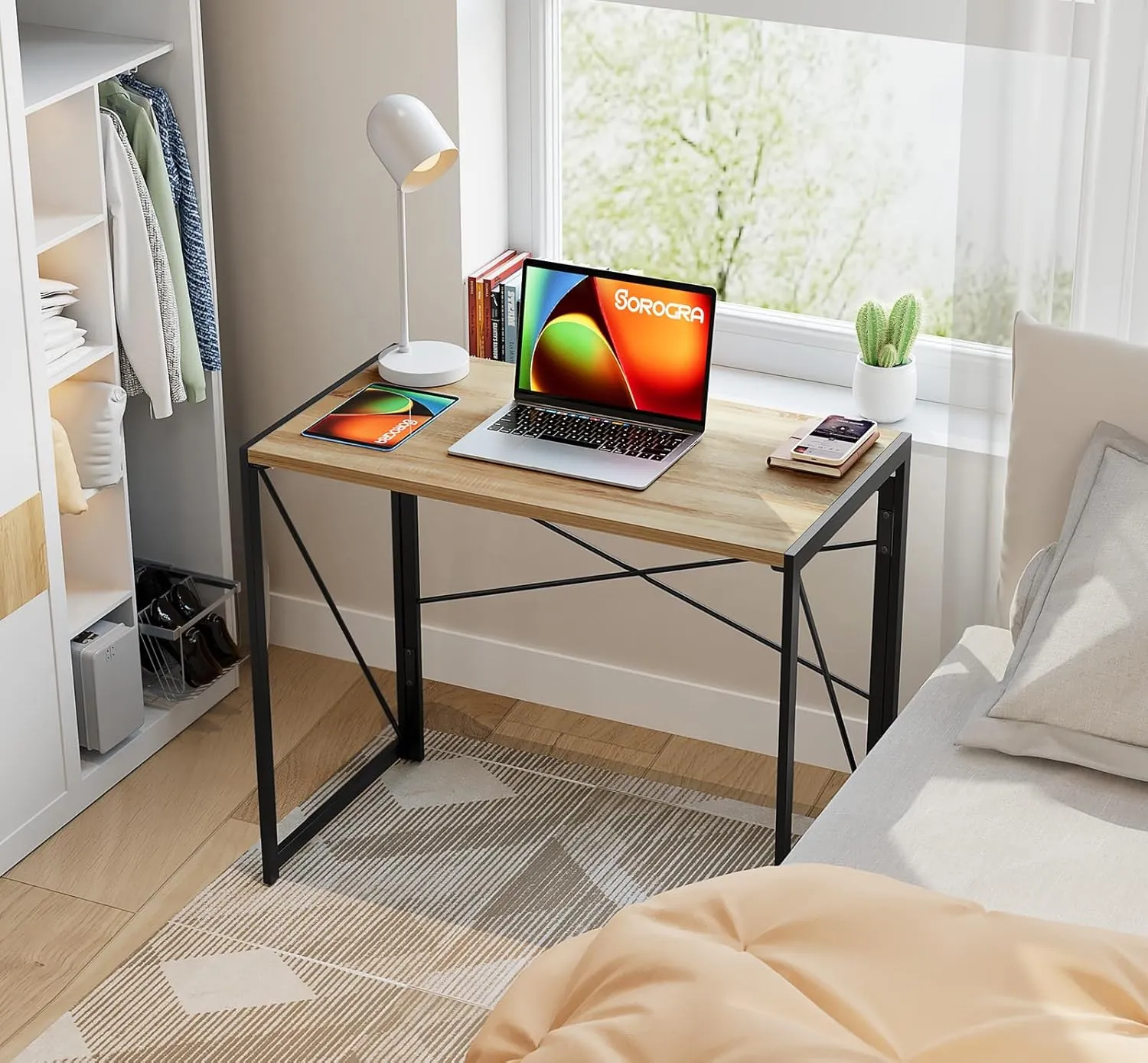 Coavas Folding Desk 31.5 inch Foldable Small Portable Computer Desks, Spaces Saving Writing Sturdy Table for Bedroom, Home Office, Dorm, Apartment, Pre Assembled, Beech