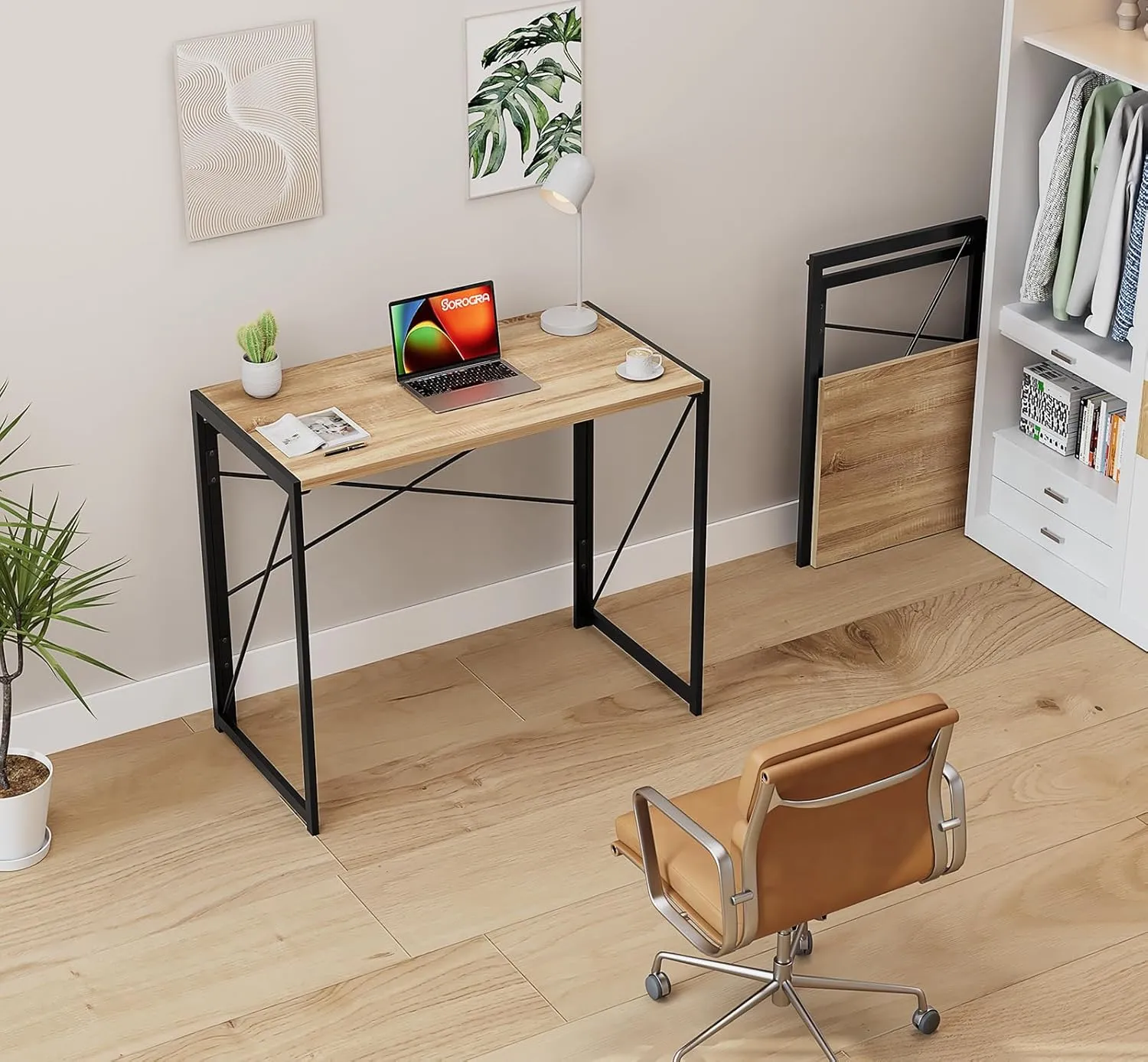 Coavas Folding Desk 31.5 inch Foldable Small Portable Computer Desks, Spaces Saving Writing Sturdy Table for Bedroom, Home Office, Dorm, Apartment, Pre Assembled, Beech