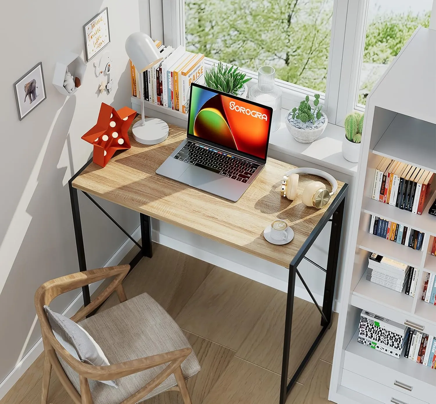 Coavas Folding Desk 31.5 inch Foldable Small Portable Computer Desks, Spaces Saving Writing Sturdy Table for Bedroom, Home Office, Dorm, Apartment, Pre Assembled, Beech