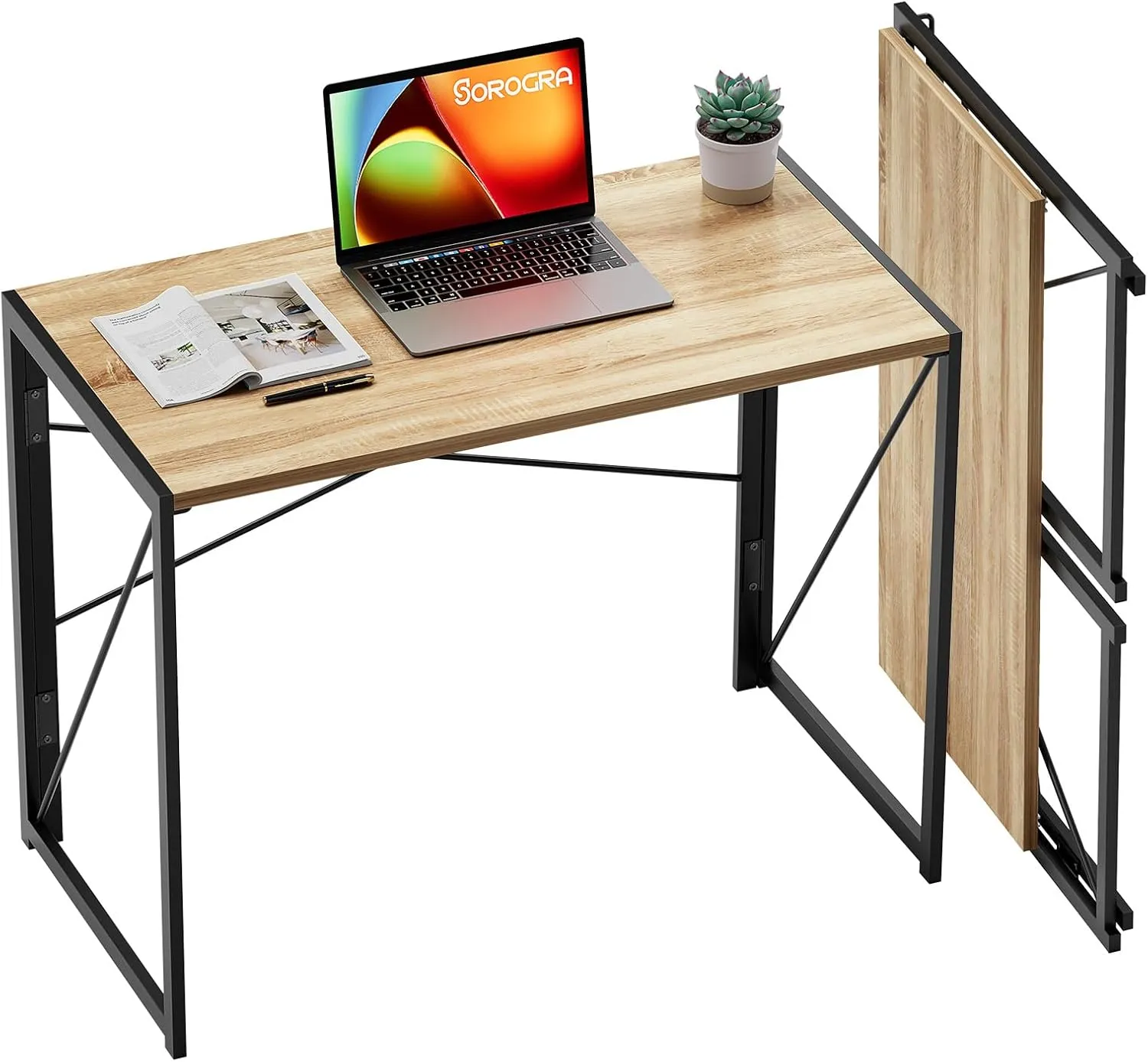 Coavas Folding Desk 31.5 inch Foldable Small Portable Computer Desks, Spaces Saving Writing Sturdy Table for Bedroom, Home Office, Dorm, Apartment, Pre Assembled, Beech