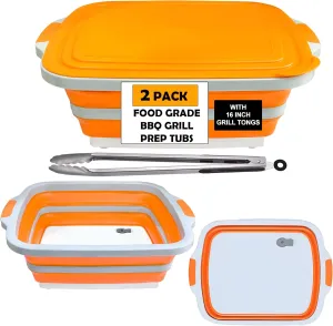 Collapsible BBQ Prep Tub 2 Piece Set With Grill Tongs - 1 (Med) 1 (Lrg) For Meal Prep Marinating Food Storage and Grilling - Includes Cutting Board Bottom, Lid and 16" Grilling Tongs