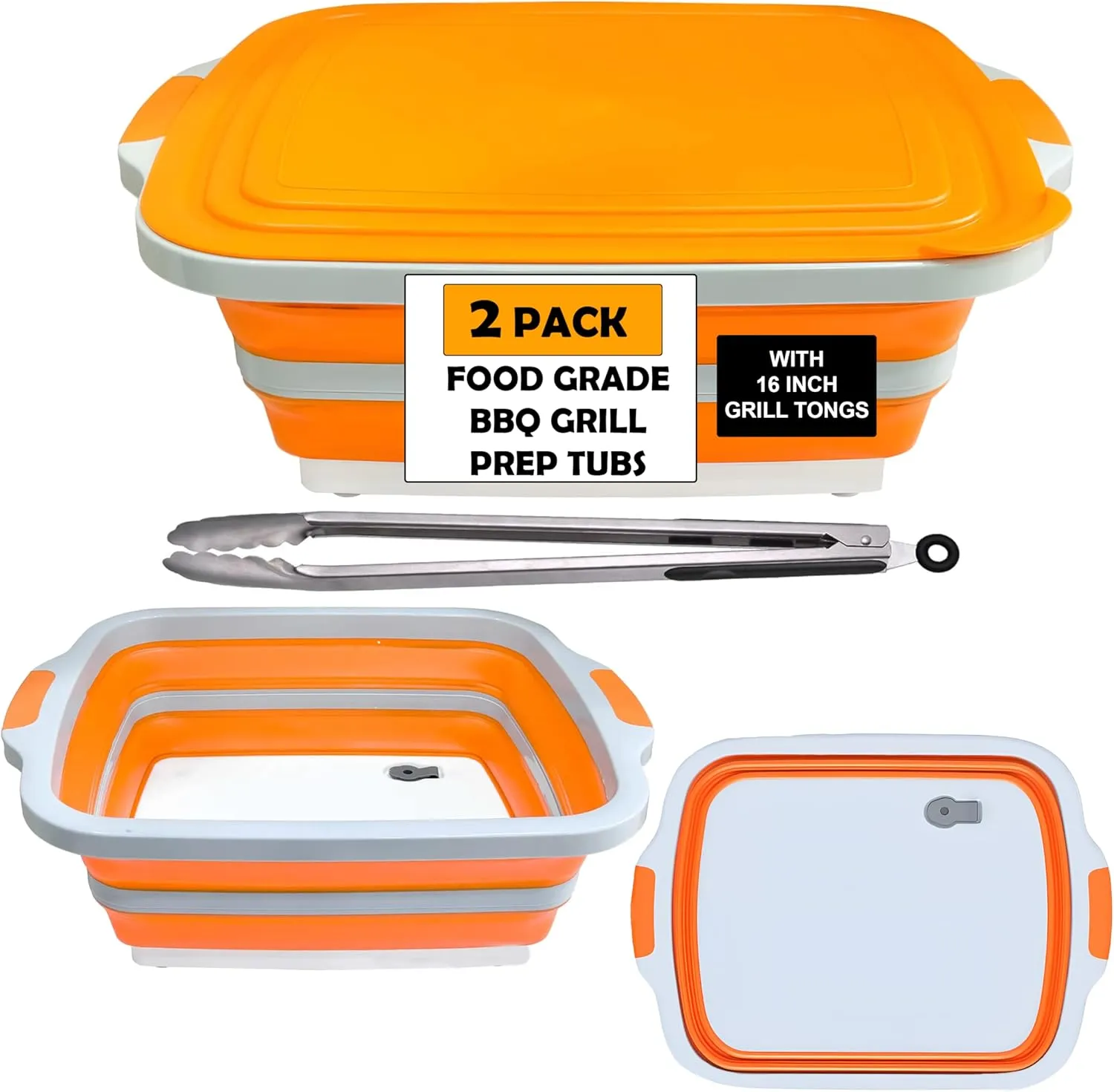 Collapsible BBQ Prep Tub 2 Piece Set With Grill Tongs - 1 (Med) 1 (Lrg) For Meal Prep Marinating Food Storage and Grilling - Includes Cutting Board Bottom, Lid and 16" Grilling Tongs