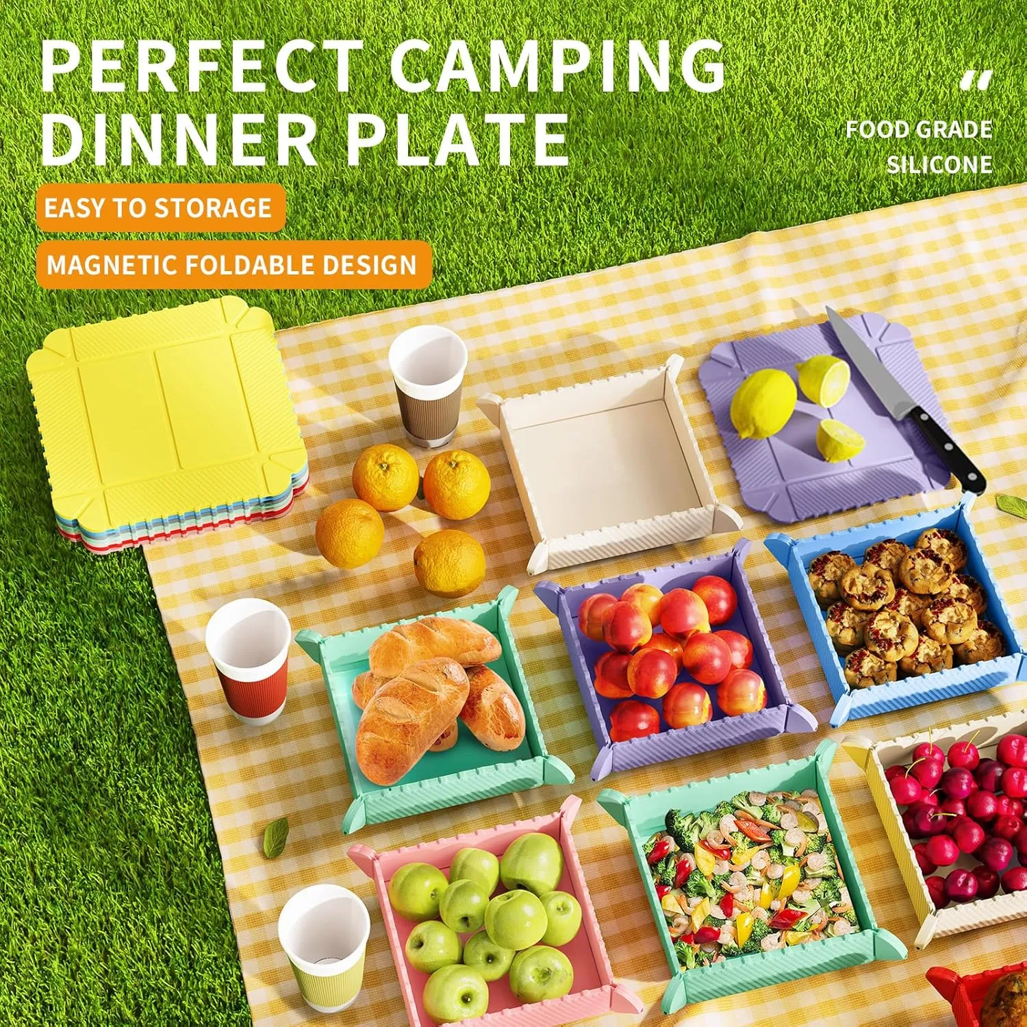 Collapsible Camping Bowls with Magnet 4 Pack,Reusable Silicone Camping Plates,Magnetic Folding Dinner Plates,Trivets for Hot Pots and Pans