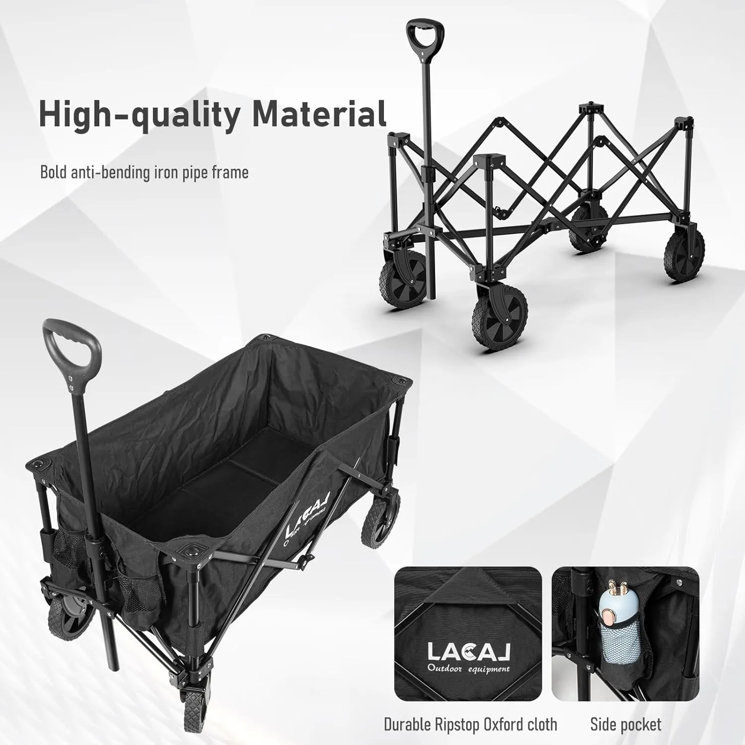 Collapsible Folding Wagon, Heavy Duty Foldable Portable Wagon Cart with All Terrain Narrow Wheels for Outdoor Garden, Picnic, Beach, Sports, Camping (Black)
