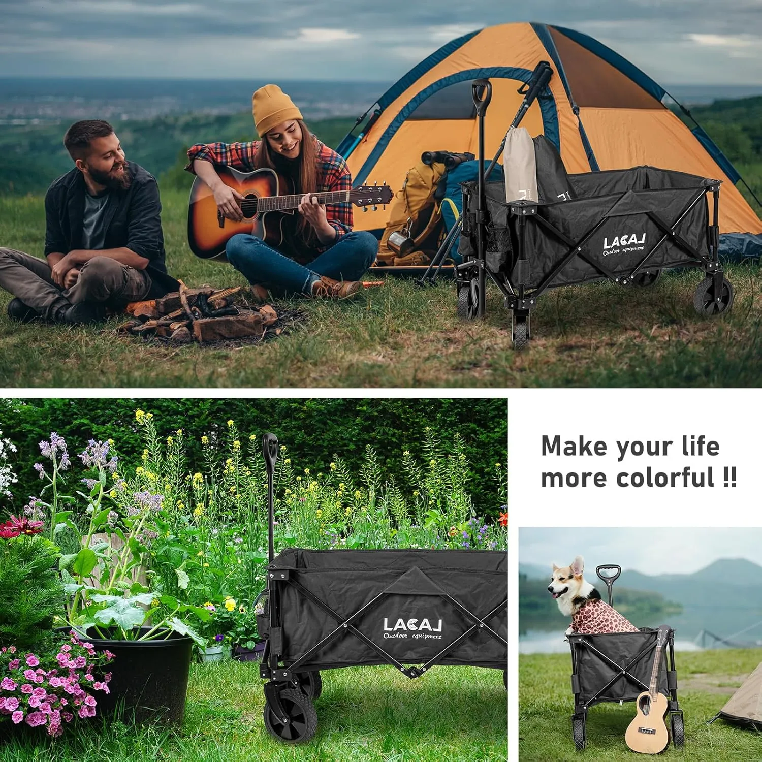 Collapsible Folding Wagon, Heavy Duty Foldable Portable Wagon Cart with All Terrain Narrow Wheels for Outdoor Garden, Picnic, Beach, Sports, Camping (Black)